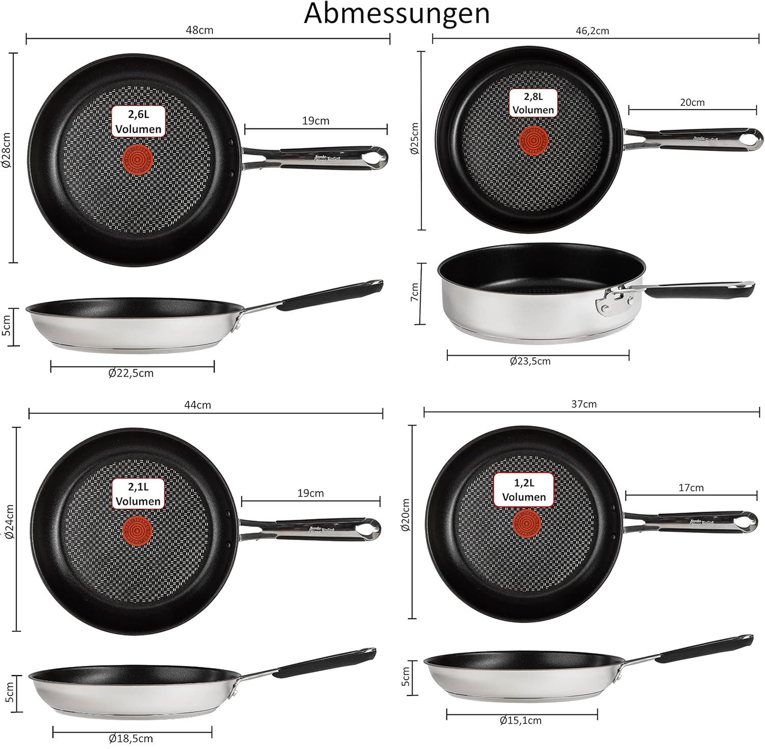 Tefal Pfannen-Set Jamie Oliver E76 Pfannenset 20,24,28cm + Schmorpfanne mit Deckel 25cm, Edelstahl 18/10 (Pfanne, Bratpfannen Set, Pfannenset, Wok, Wokpfanne, Schmorpfanne, Pfannen + 1 Wender & Schoner Antihaftbeschichtet Pfannenset mit Deckel), ohne Fett / Öl braten