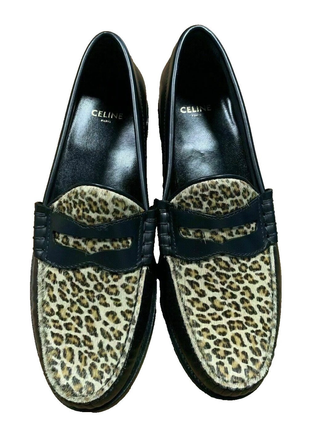 CELINE Luco Slippers Обувь aus poliertem Kalbsleder & Tiger-Print-Haarleder Loafer Ledersohle mit Blake-Machart und handbemalter Außensohle