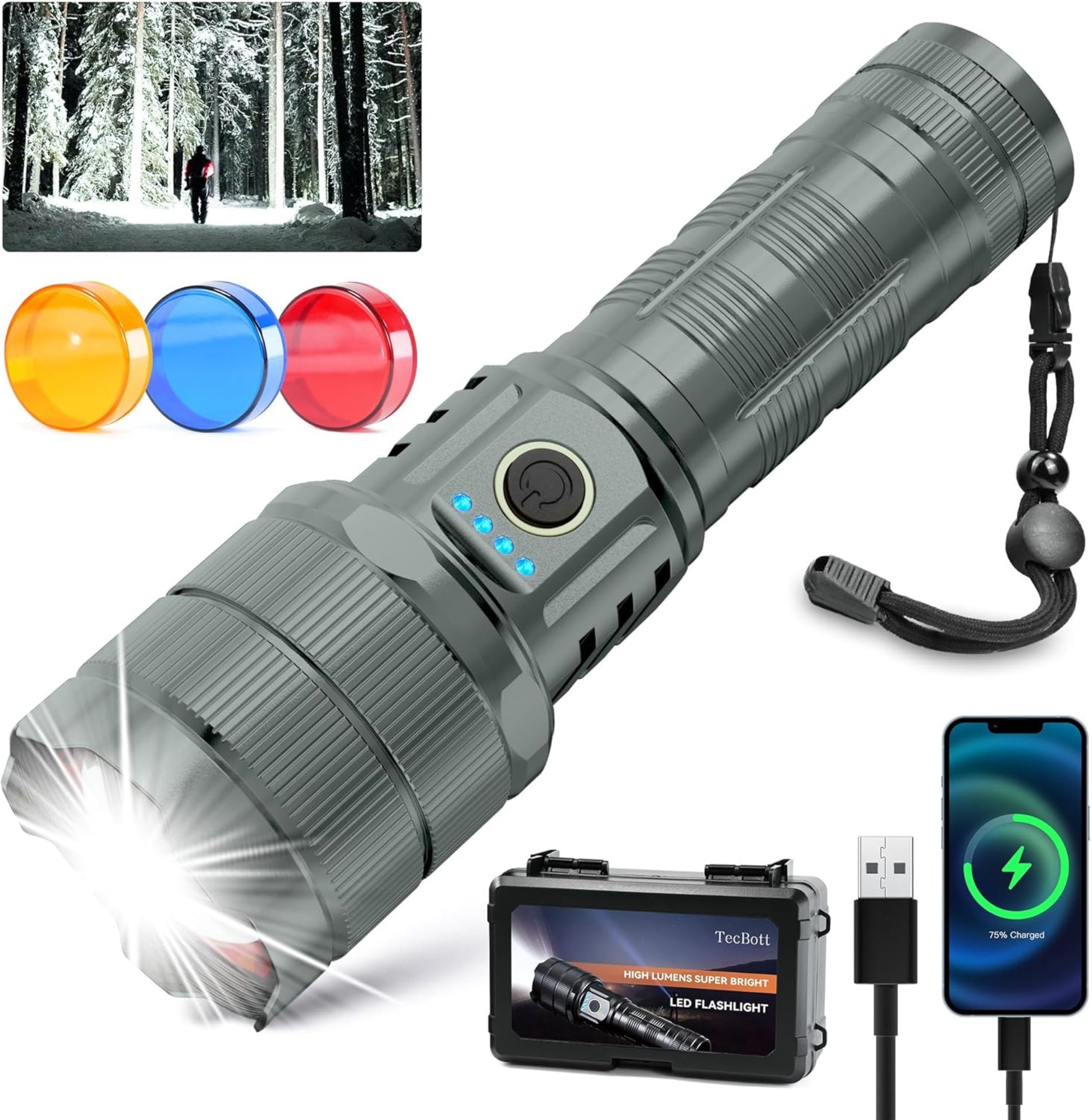 LA CUTE LED Taschenlampe LED Taschenlampe 900000 Lumen – Extrem Hell, USB-C Powerbank, Outdoor (Komplett-Set für Outdoor, Camping, Notfälle, Powerbank, LED Taschenlampe Set mit Akku, USB-C Kabel, Schlaufe), Extrem hell 900000 Lumen, mit USB-C und Powerbank