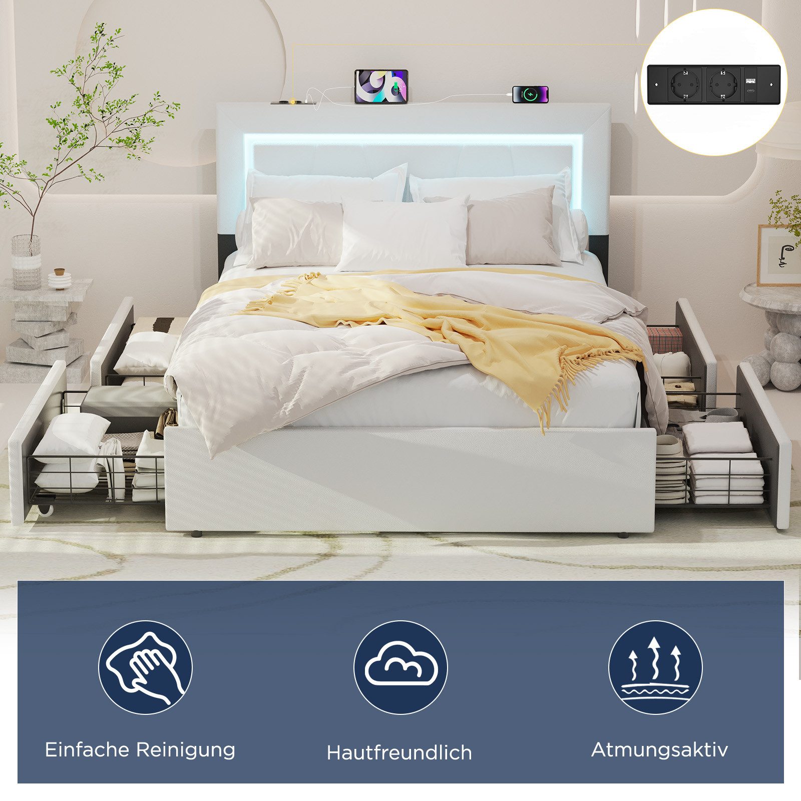 WILGOON Polsterbett LED Doppelbett 160x200 cm, mit 4 Schubladen und Lattenr günstig online kaufen