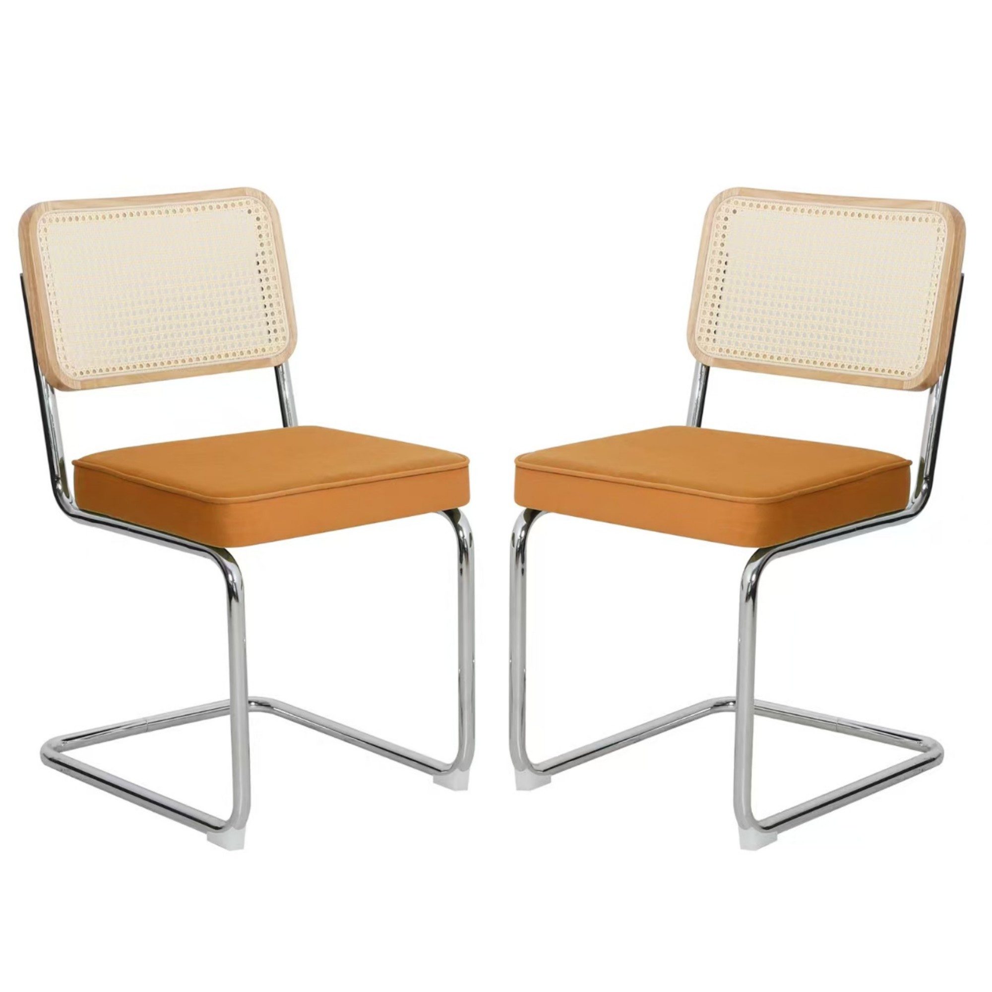 LVHOM Freischwinger Schwingstuhl, Esszimmerstuhl, 2-er Set,Ratten,Wiener Geflecht (Mittelalterlicher Stil, Samtstoff, atmungsaktive Rattan-Rückenlehne, Stahlrohrbeine, rutschfestes Design, belastbar 125kg, 2 St), ideal für Esszimmer,Wohnzimmer,Arbeitszimmer,Schlafzimmer,Studio,Cafés