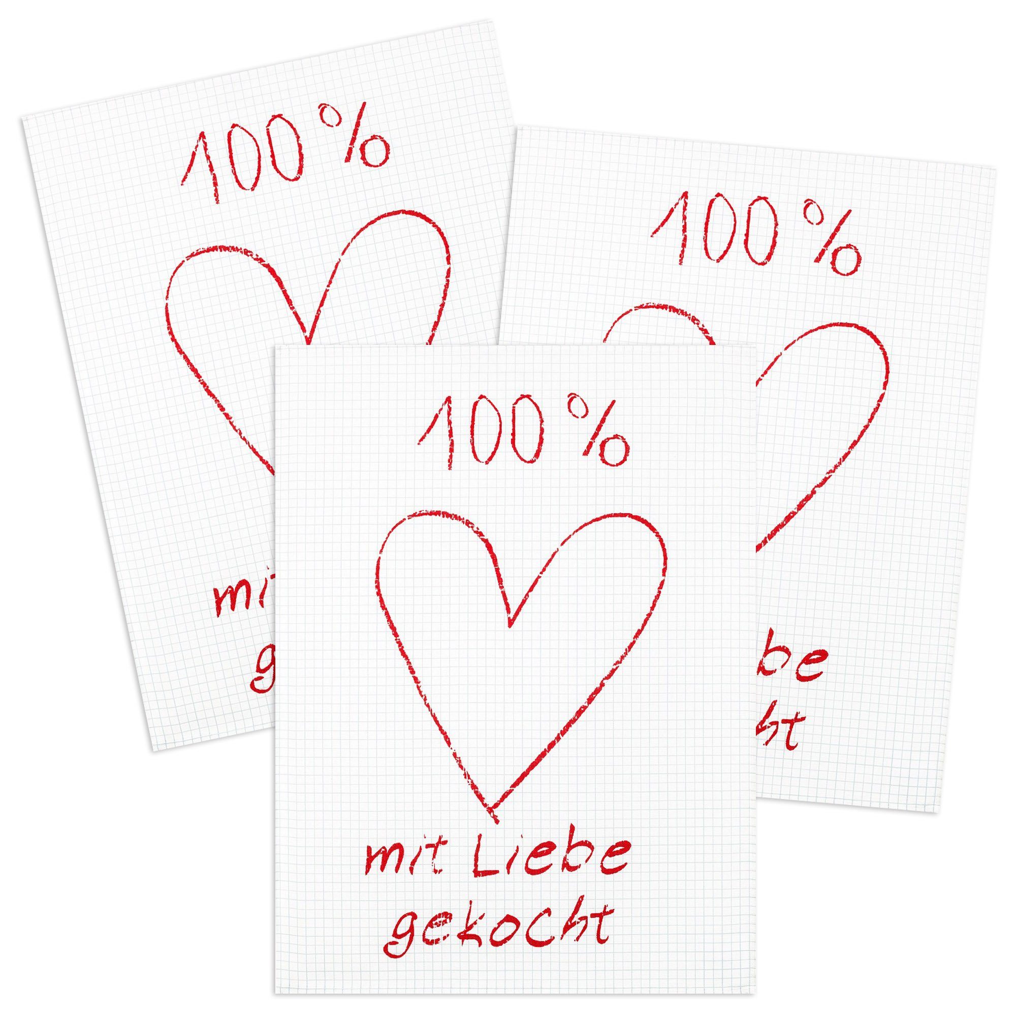 Kracht Geschirrtuch Mit Liebe gekocht, (Set, 3-tlg., Set), 3er Pack Geschirrtücher (3 Stück), ca. 50 x 70 cm, Halbleinen bedruckt