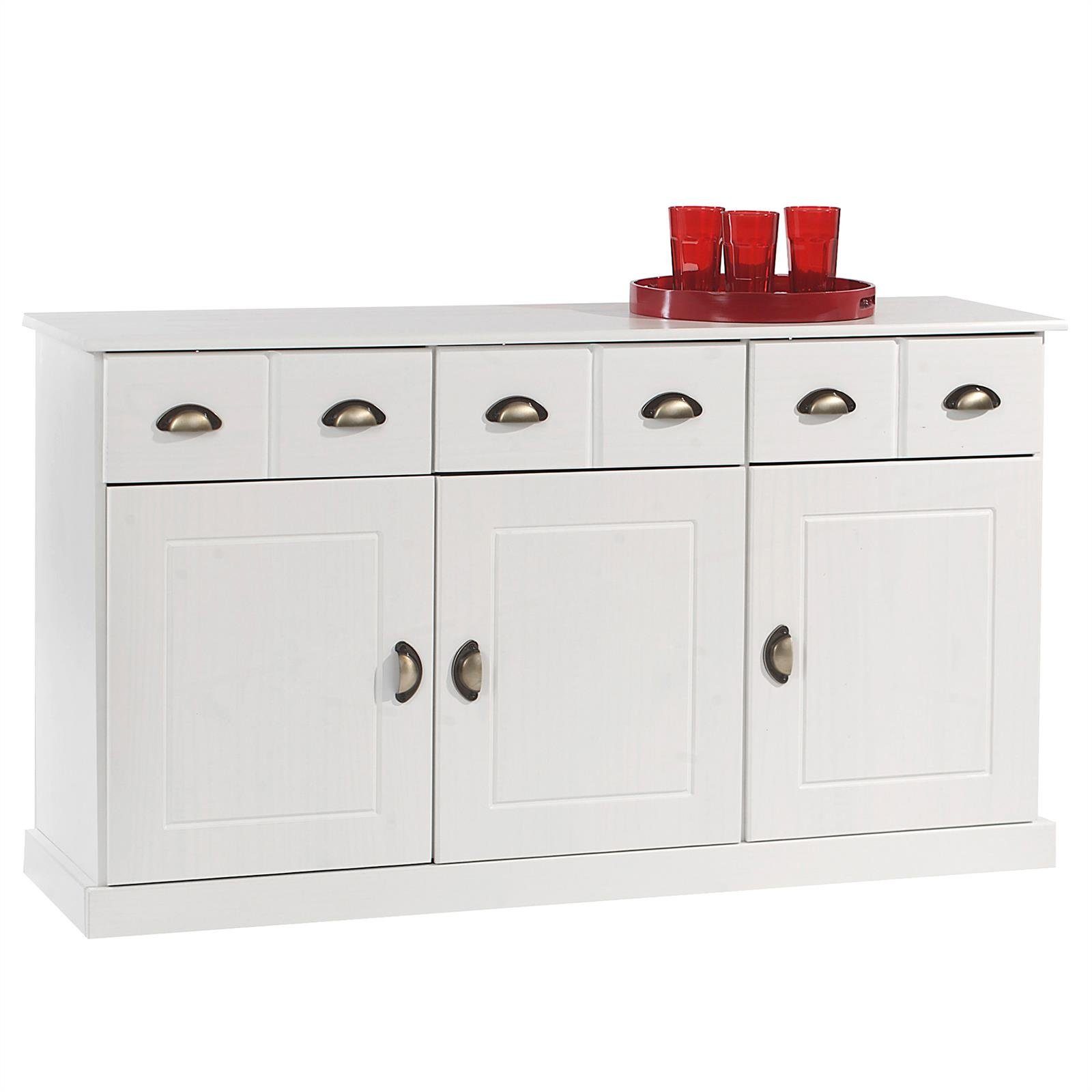 IDIMEX Kommode PARIS, Sideboard mit 3 Schubladen & Muschelgriffen Kiefer Massivholz weiß