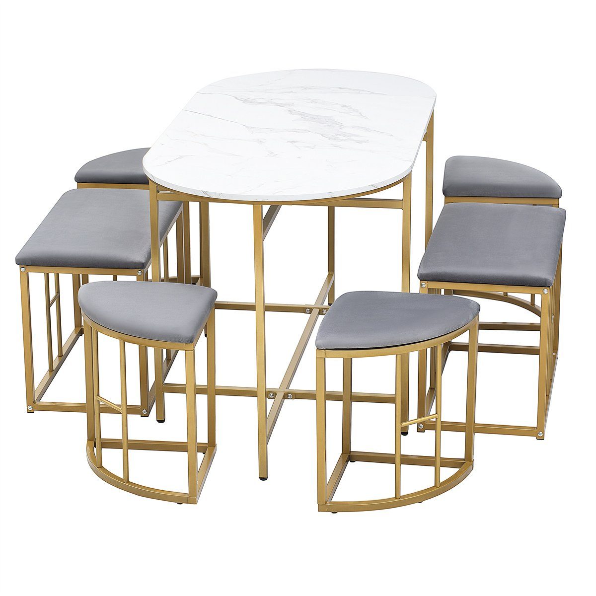 und Tischgruppe(7-tlg,Gold,140*70*76cm)Küchentischset, Bänker XDeer aus 2 Stahlrahmen,Küchentischset Hocker 4 Esszimmer mit Essgruppe