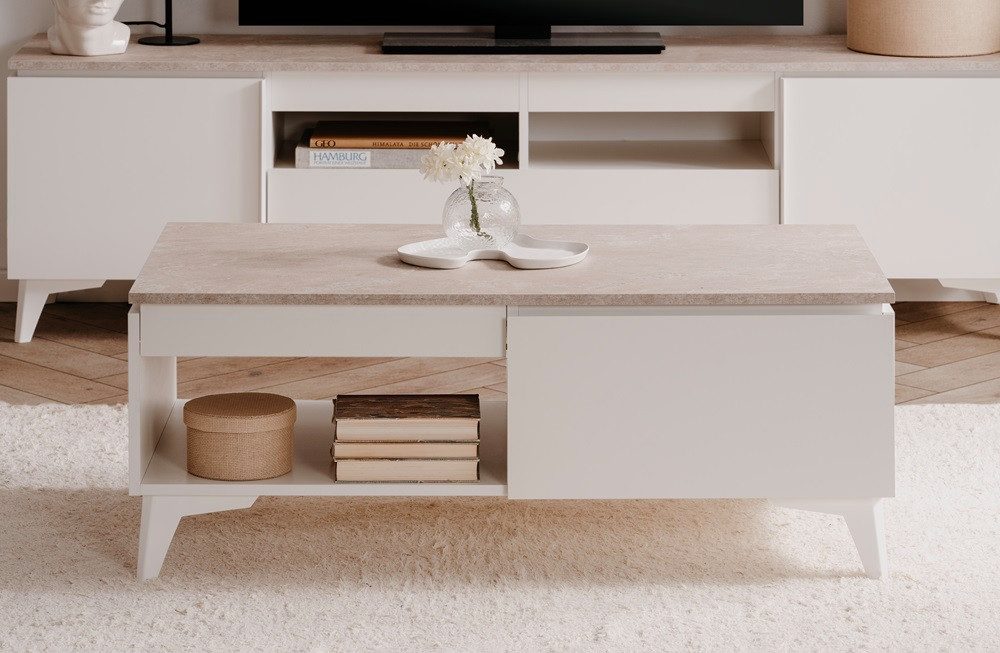 Finori Couchtisch Couchtisch Bertrix, Sandstein / Weiß (no-Set), Breite 100 cm,Tischplatte aus Sandstein