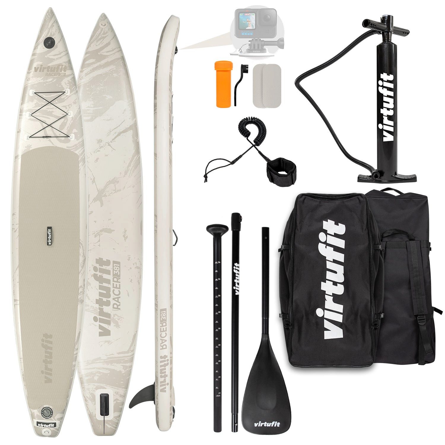 VirtuFit Inflatable SUP-Board Racer 381 - Sandbeige - inklusive Zubehör und Tragetasche