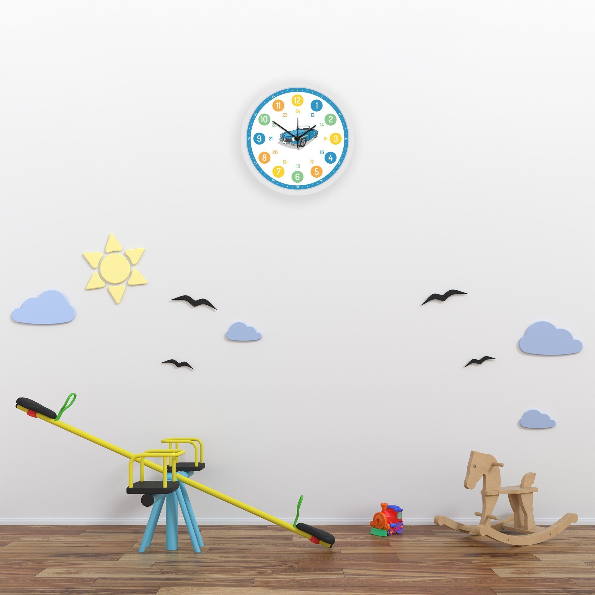 GRAVURZEILE Wanduhr GRAVURZEILE Wanduhr Kinder Auto Motiv -Geräuscharme Kinderwanduhr