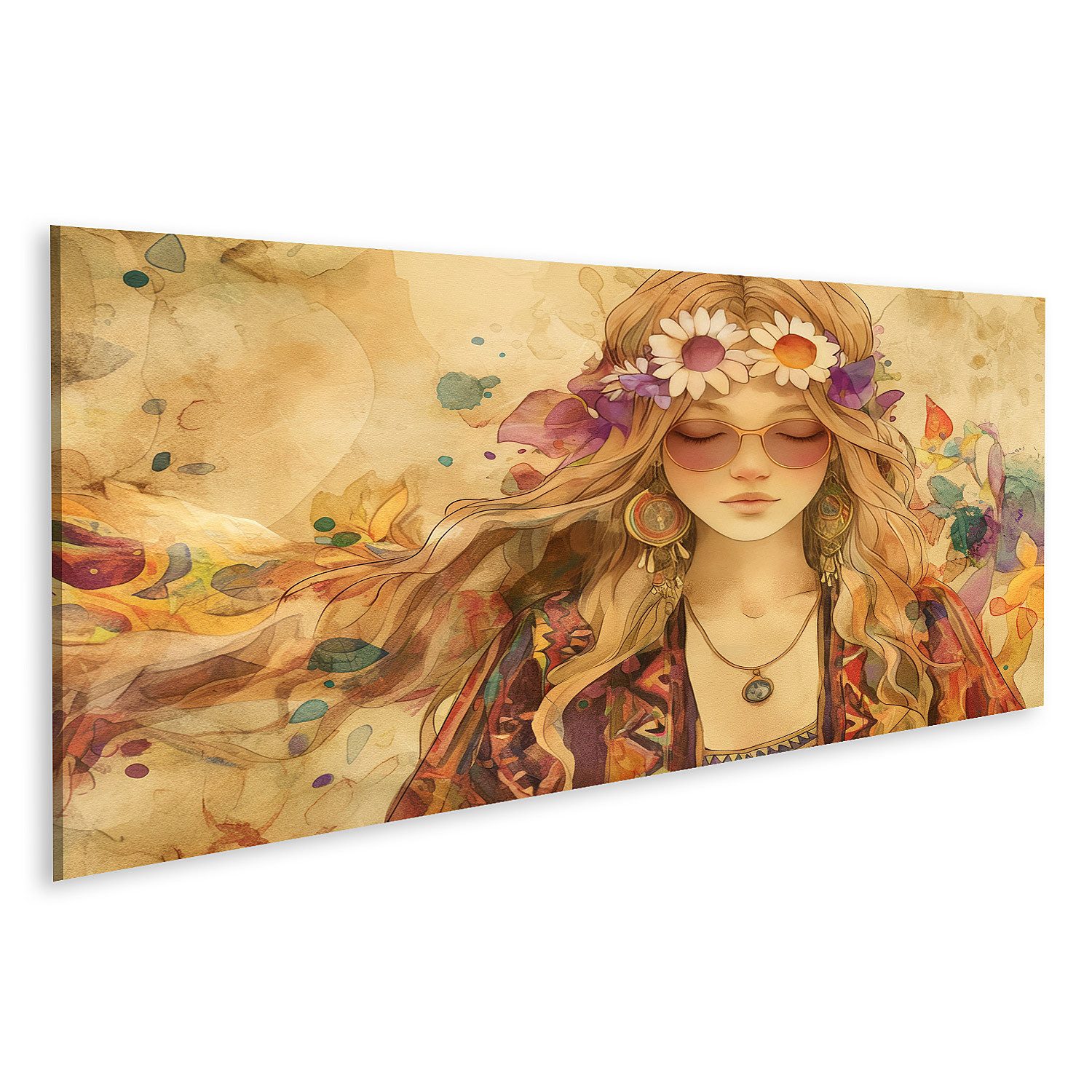 islandburner Leinwandbild, Hippie Mädchen mit Blumenkranz und Sonnenbrille