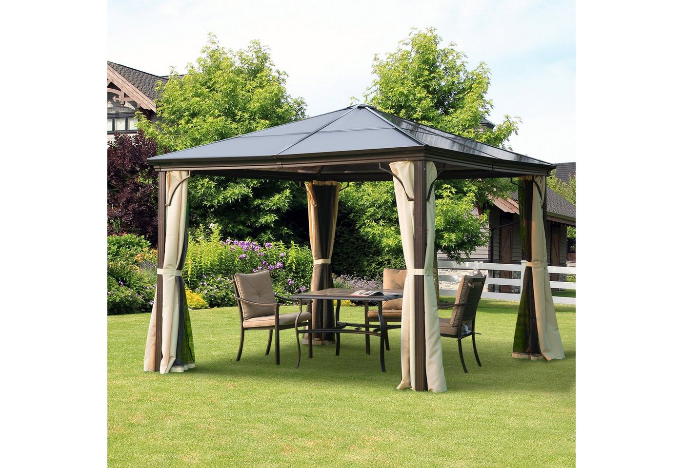 Thumbnail - Outsunny Pavillon mit Polycarbonatdach, Vorhänge mit Fliegennetz, mit 4 Seitenteilen, (Gartenpavillon, Partyzelt), für G...