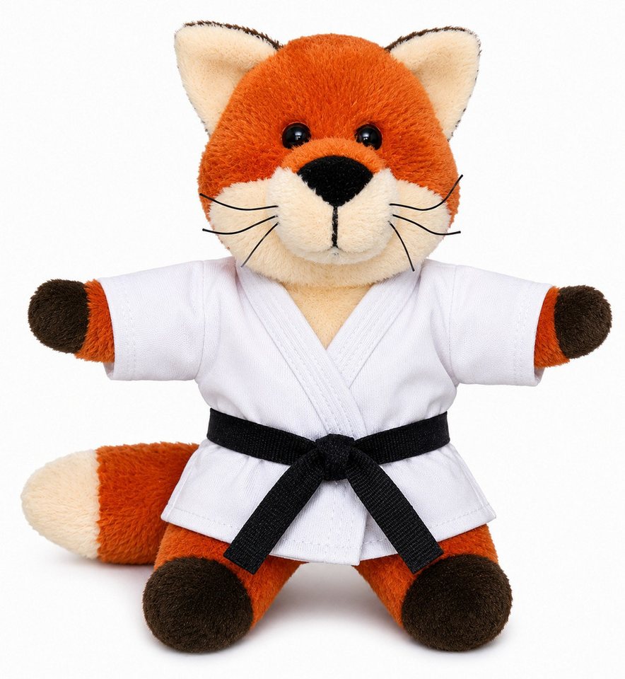 BAY-Sports Plüschfigur Fuchs Plüschtier Stofftier Kampfsport Karate Kickboxen Taekwondo Teddy (Edle Ausführung), 17cm Judo Geschenk Maskottchen Glücksbringer Karateanzug Black Belt