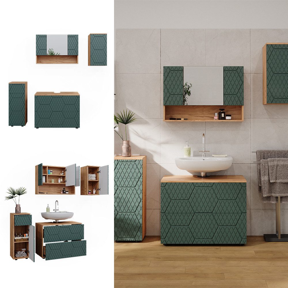 Vicco Badmöbel-Set Irma, Goldkraft Eiche/Grün, 4 günstig online kaufen