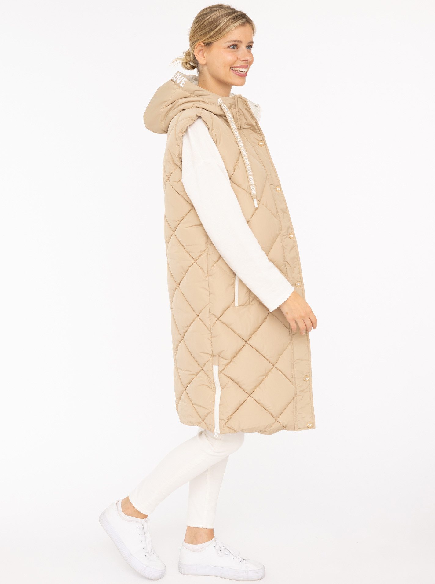 Zwillingsherz Steppweste "Love Print" modisch, Doppelzipper, Druckknöpfe, knielang, Kapuze