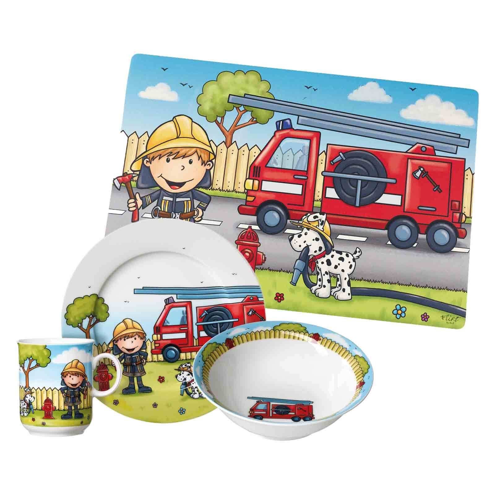 Ritzenhoff & Breker Kindergeschirr-Set Feuerwehrmann Bernie Kindergeschirr mit Platzset (4-tlg), Porzellan