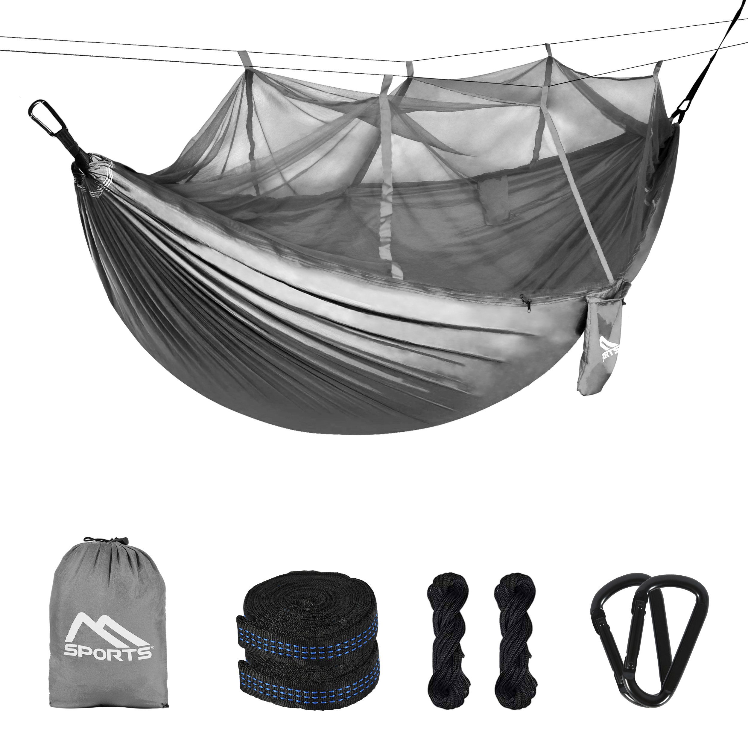 MSports® Hängematte MSports Hängematte mit Moskitonetz für Camping Outdoor Sonnenliege extra leicht Grau