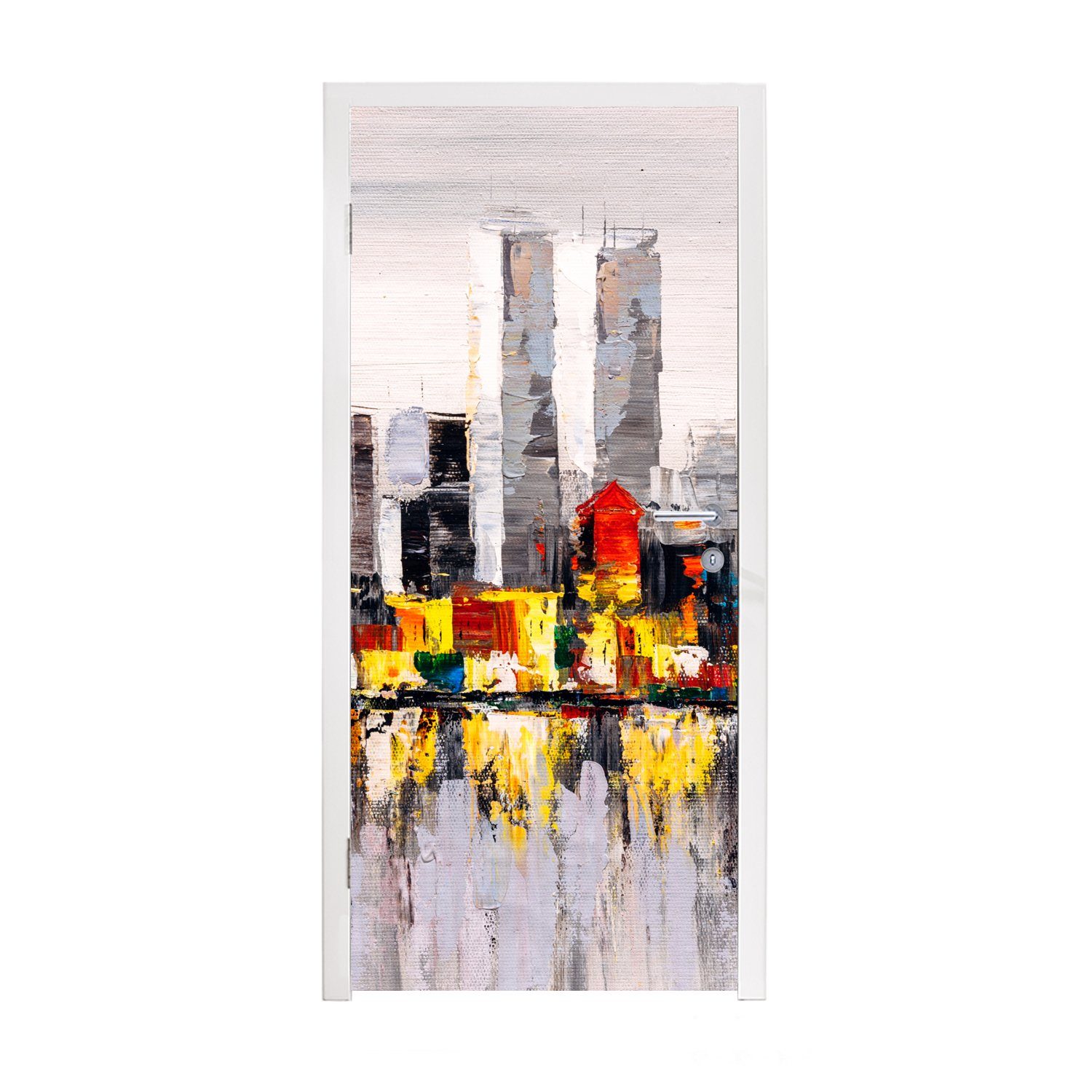 MuchoWow Türtapete Gemälde - Skyline - Farben - Ölfarbe, Matt, bedruckt, (1 St), Fototapete für Tür, Türaufkleber, 75x205 cm