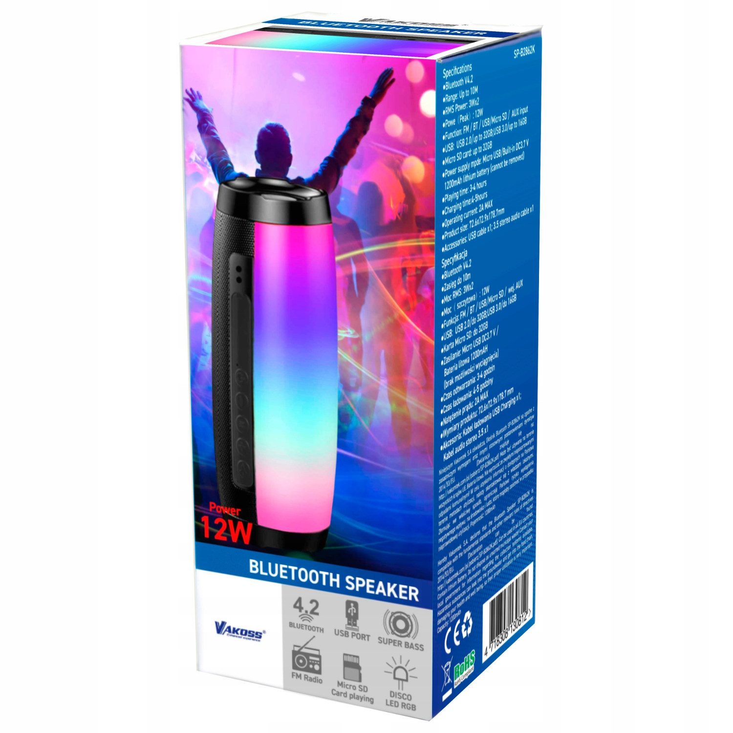 VAKOSS SP-B2862K Bluetooth-Lautsprecher (Lautsprecher mit Beleuchtung Bluetooth für Partys)