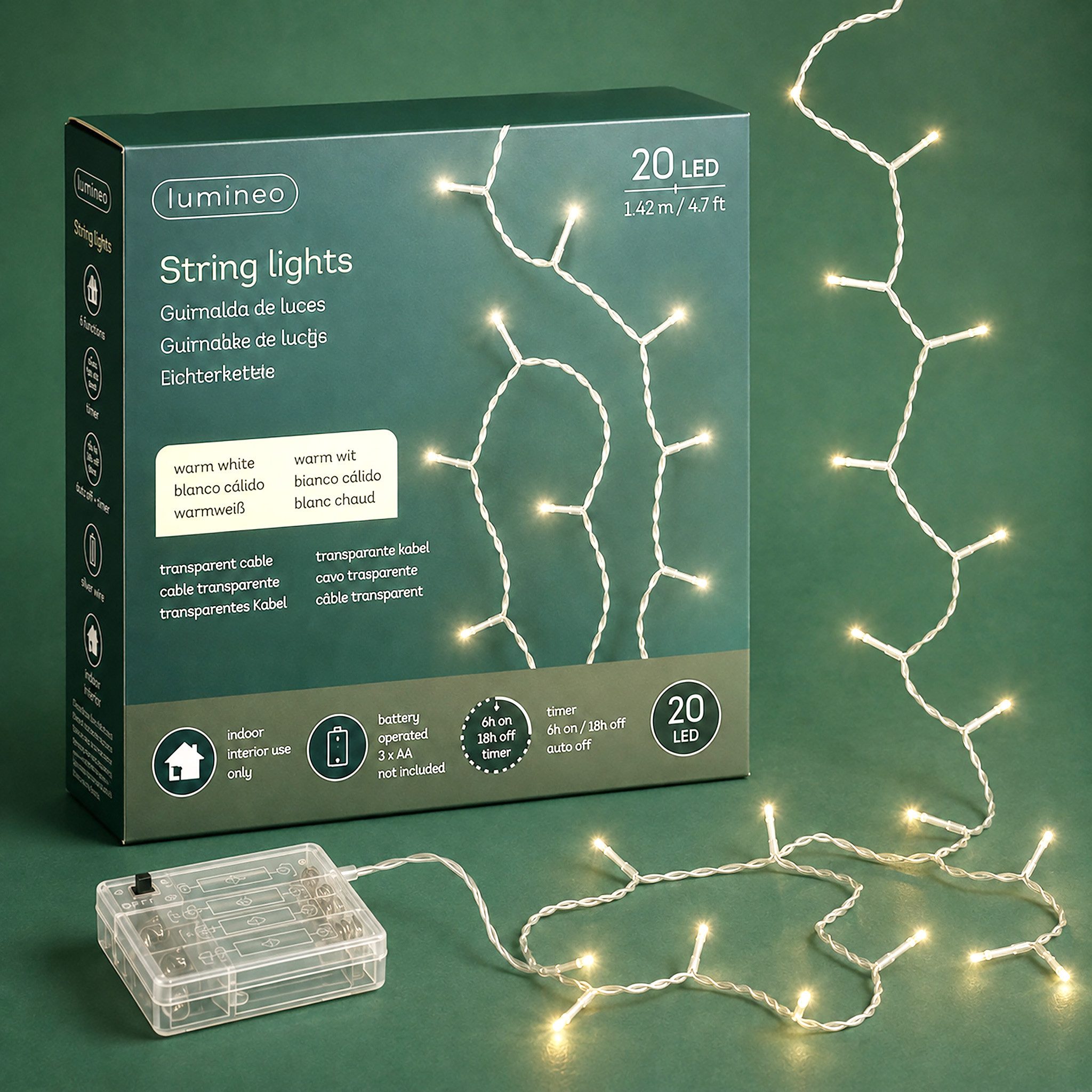 Lumineo LED-Lichterkette, LED Lichterkette 142,5cm Basic Batterie 20 LEDs Warmweiß / transparent