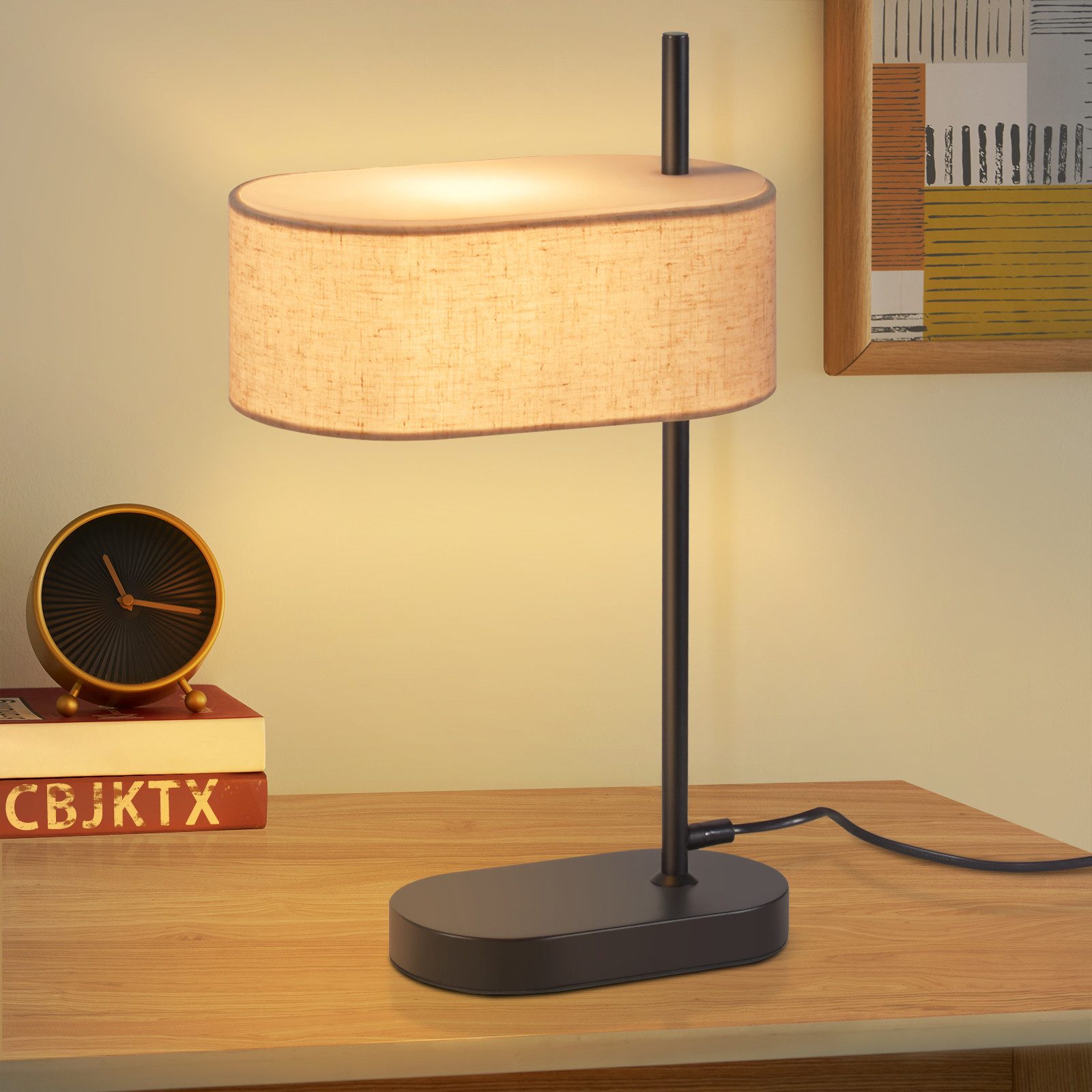 Nettlife Tischleuchte Vintage Stoffschirm E14 Schwarz 44.5cm Schlafzimmer mit Kabel, mit Schalter, LED wechselbar, Retro Tischlampe mit Stecker für Wohnzimmer Büro