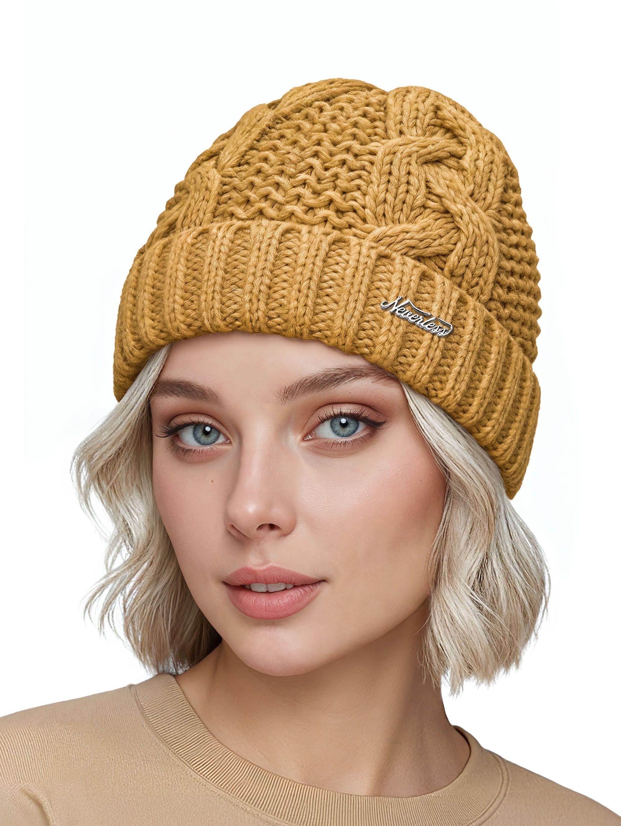 Neverless Strickmütze Damen Wintermütze Strickmütze Umschlag Zopfstrickmuster mit Fleece