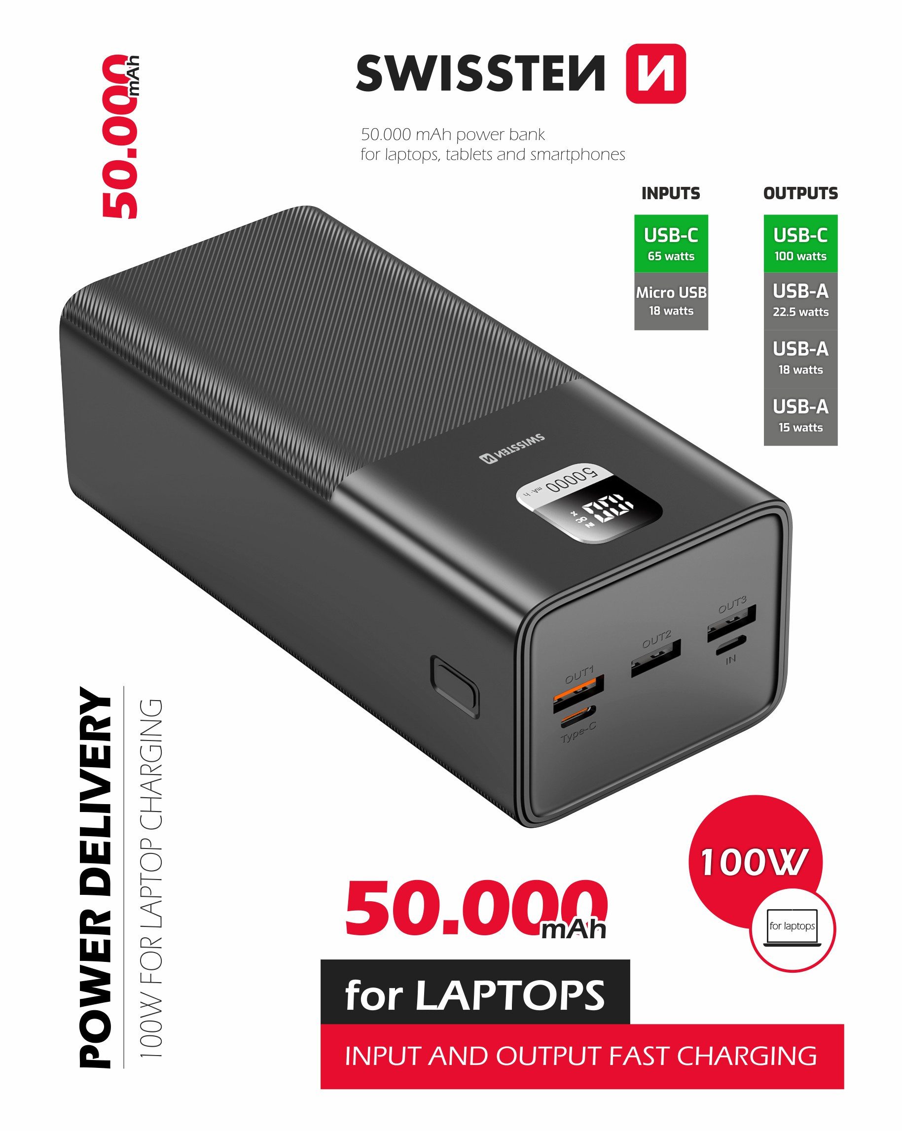 SWISSTEN 50.000mAh Powerbank USB und USB-C 100W Ladegerät Powerbank