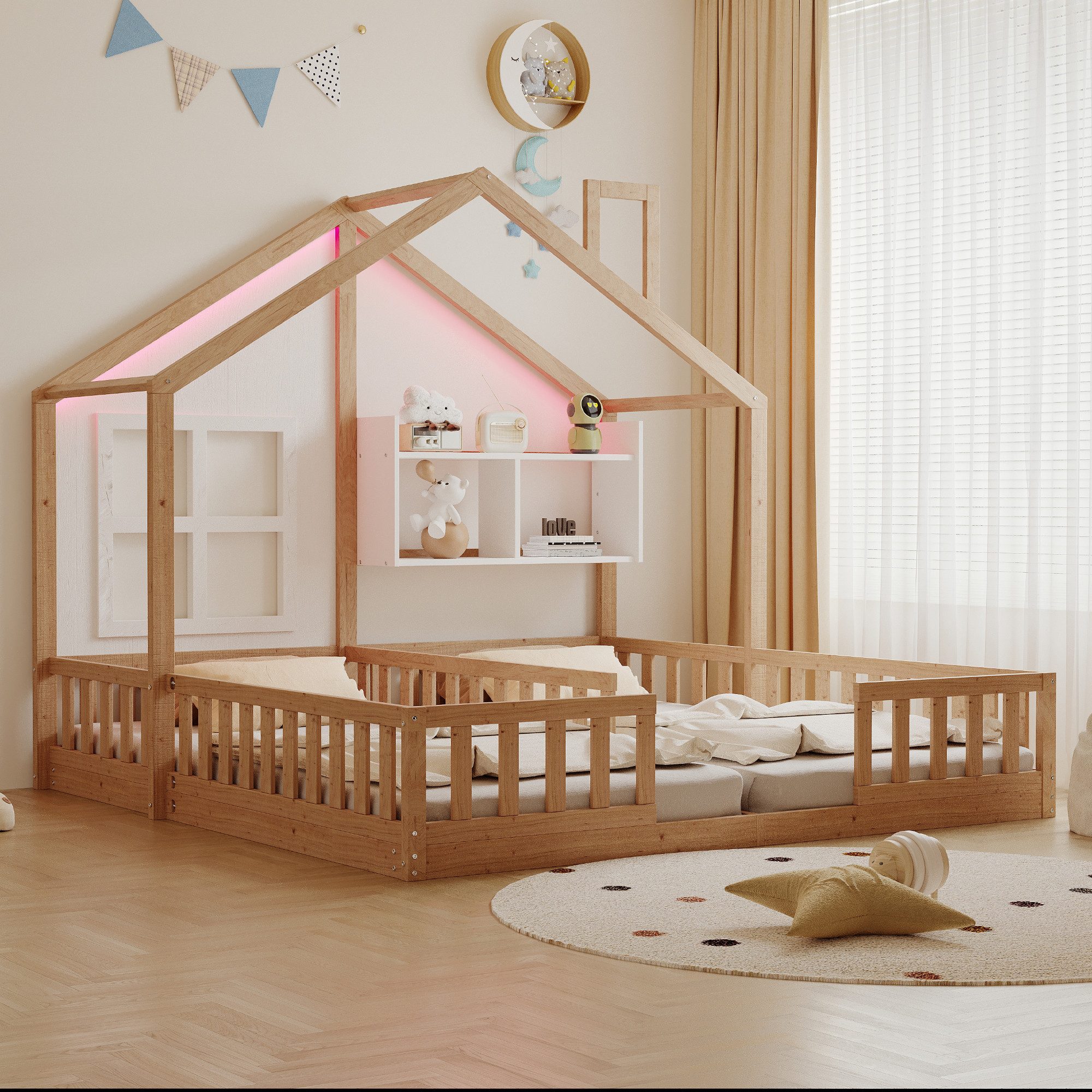 Merax Kinderbett 90×200cm Bodenbett mit LED-Licht, Jugendbett im Hausdesign (1-tlg), Doppelbett 90×200cm mit Sicherheitsgeländer, Ablagefach & Lattenrost – Bild 4 von 5