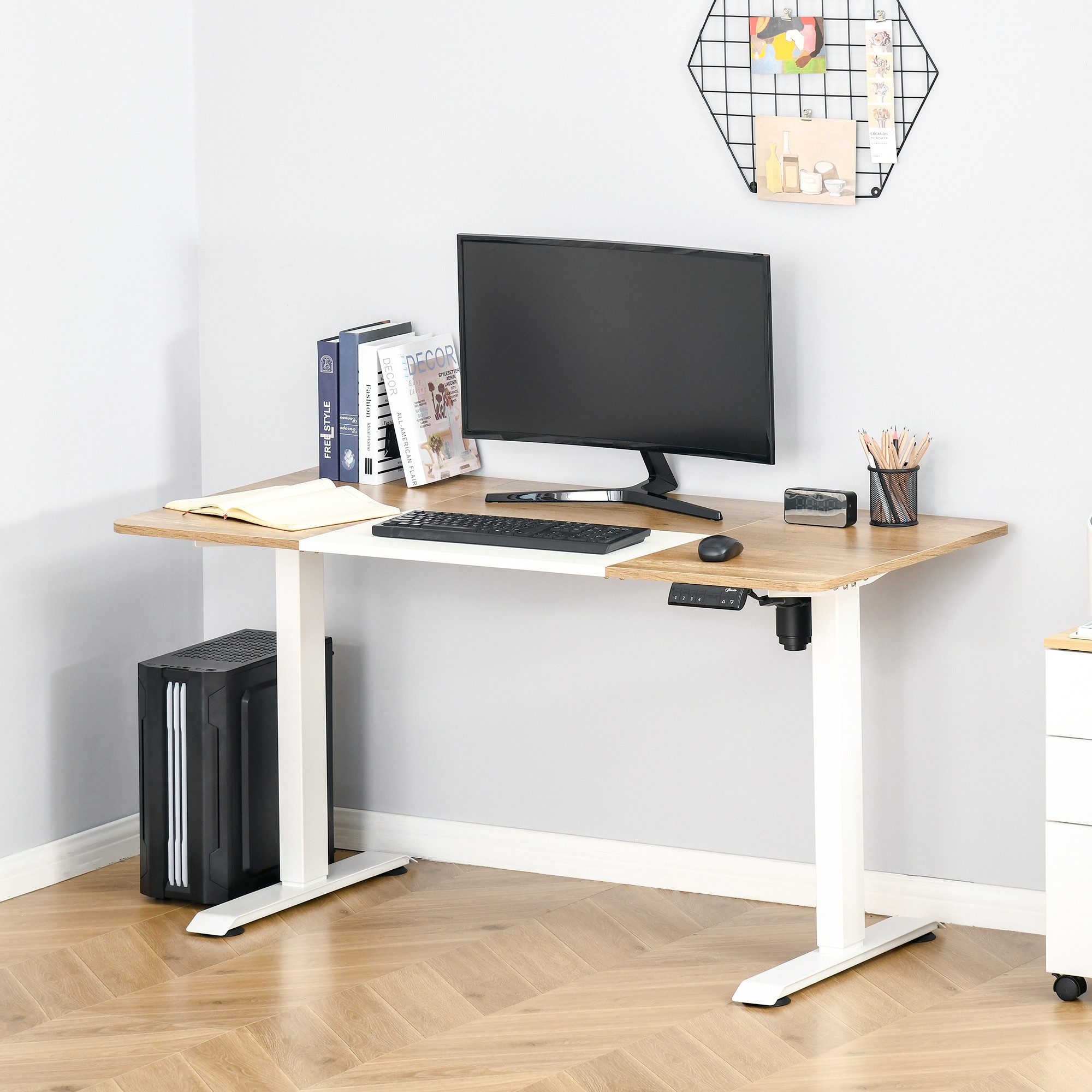 Vinsetto Schreibtisch Elektrisch Computertisch 4 Memory-Steuerung, 4 tlg. Tischplatte (Stehschreibtisch, 1-St., Arbeitstisch), Metall Spanplatte Natur+Weiß 140 x 70 x 72-116 cm