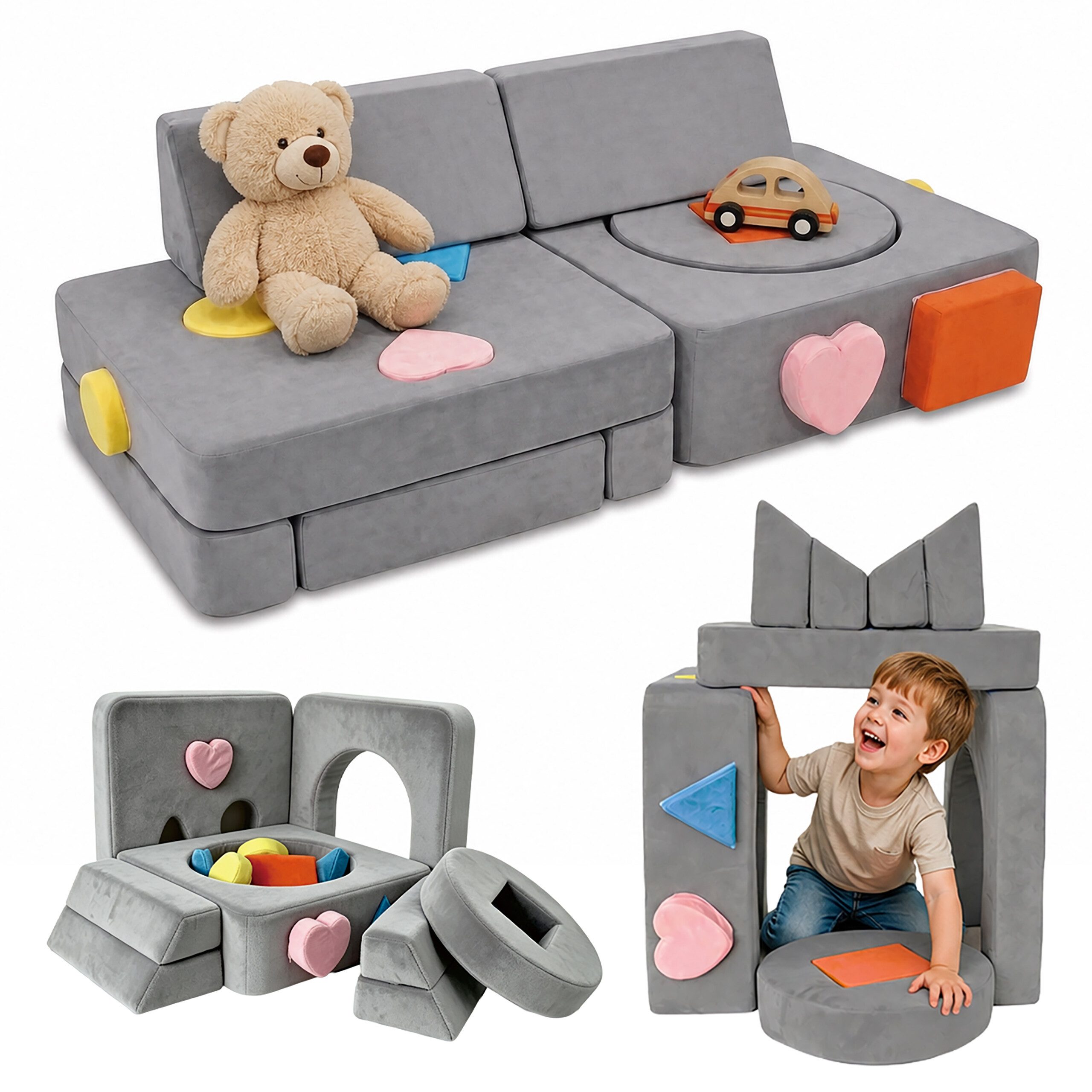 relaxdays Kindersofa 18-tlg. Kinder Spielsofa modular, Anthrazit