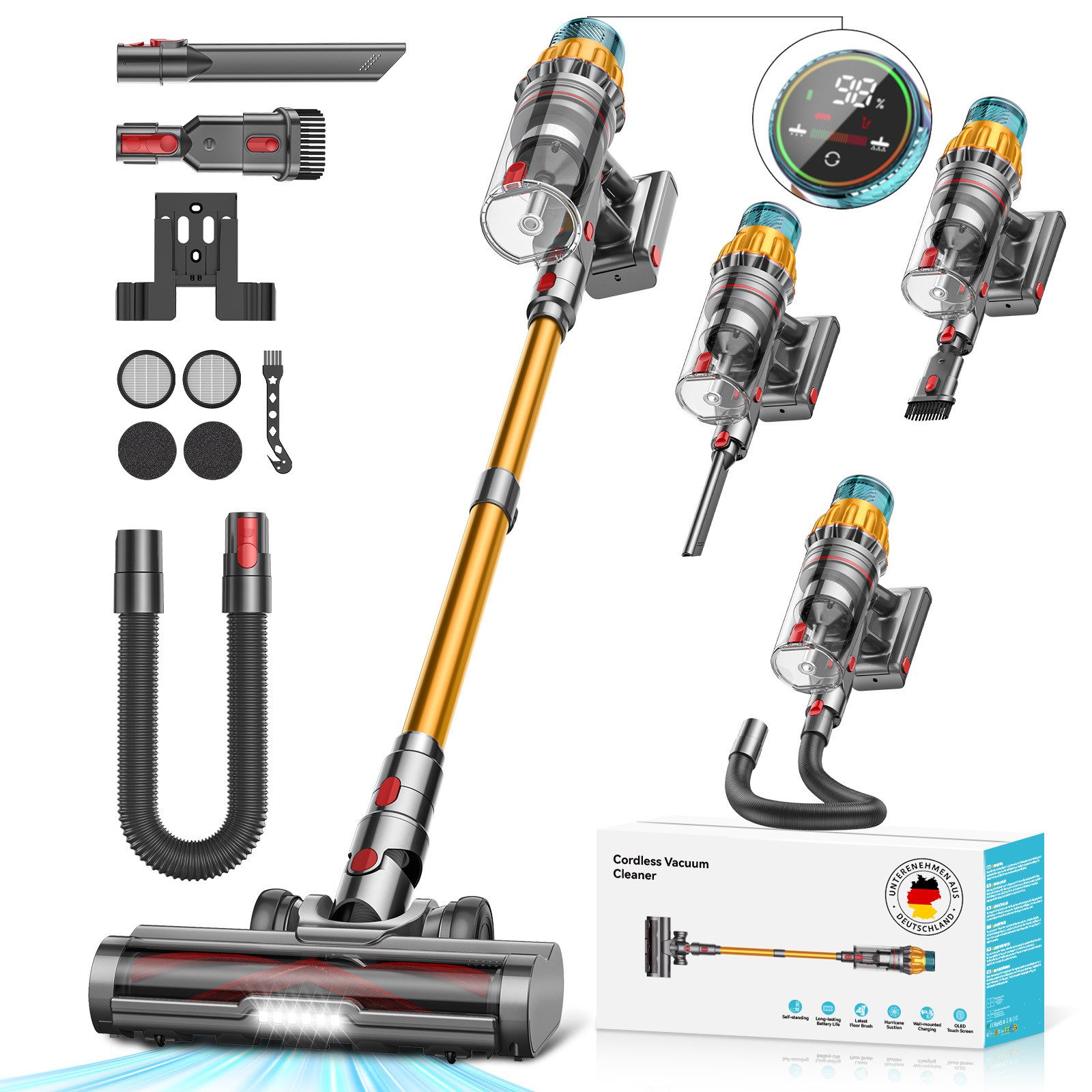 FOSMET Akku-Hand-und Stielstaubsauger 88000Pa Akkustaubsauger 750W/80Min/1M Schlauch Staubsauger Kabellos, 750 W, 2,6L Staubbehälter, 50dB leise/11-Stufen-Filter/OLED Display,Ideal für Böden/Teppiche/Auto