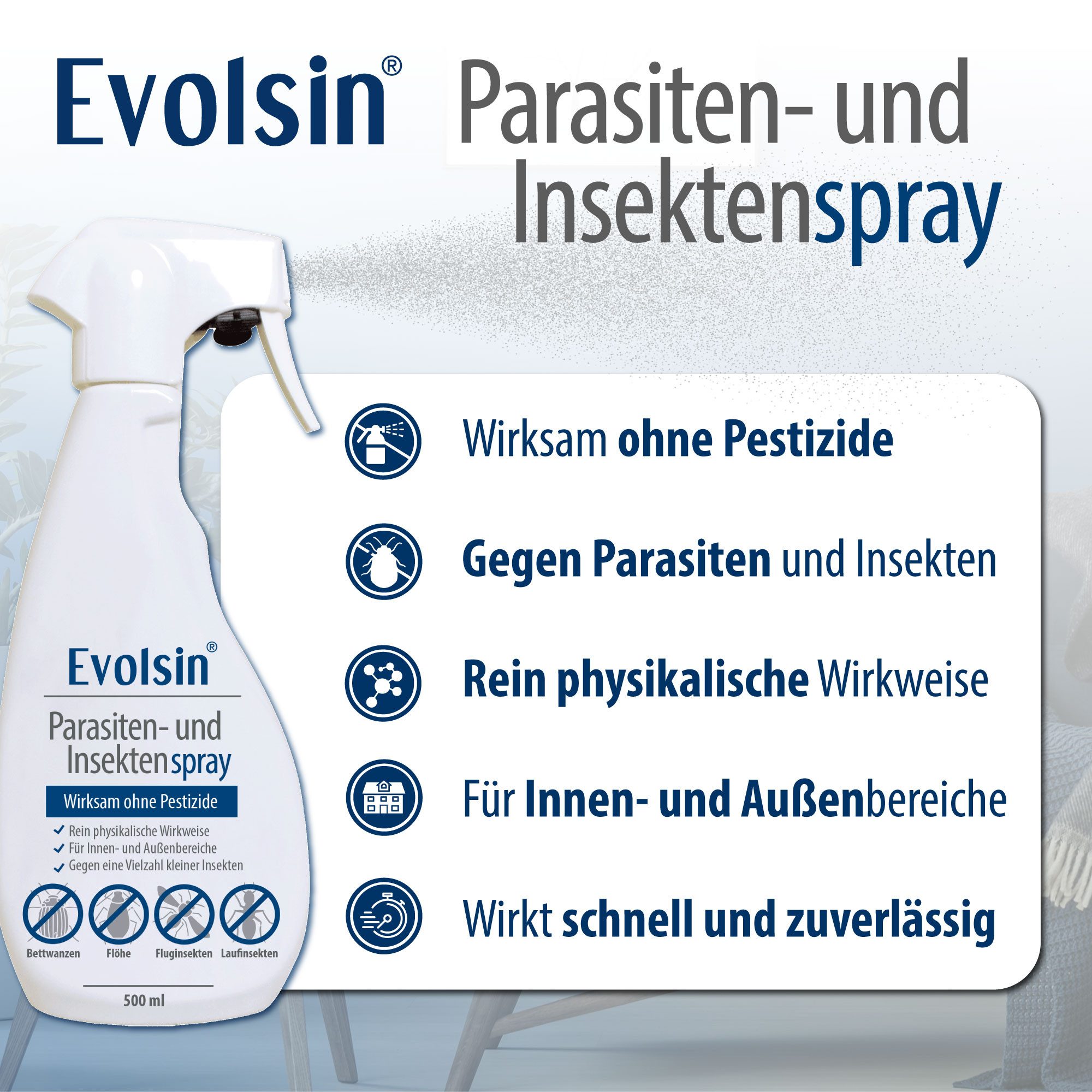 Evolsin Insektenspray Parasiten- und Insektenspray - Ohne Insektizide – Für Innen & Außen, 500 ml