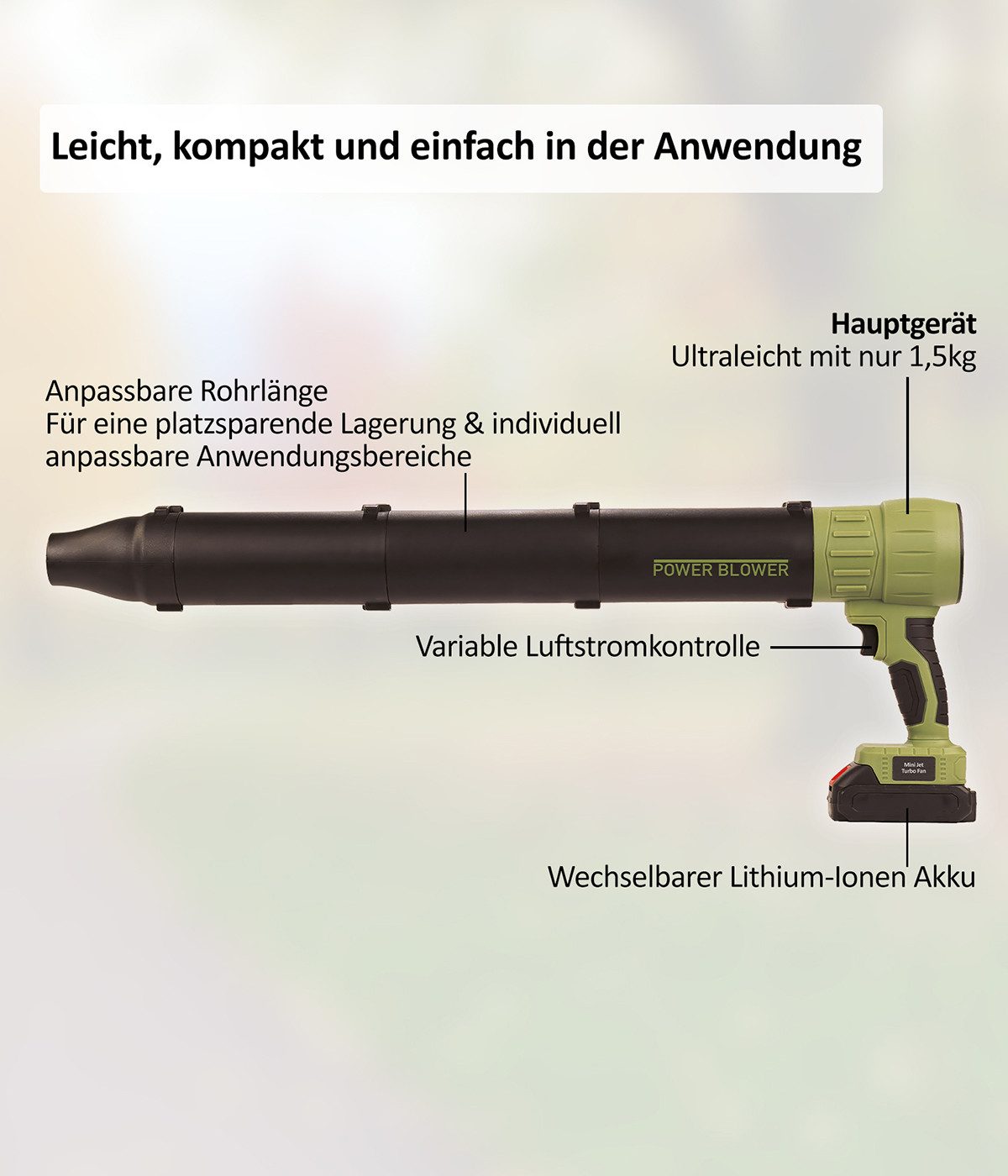 Genius Akku-Laubbläser Starlyf Power Blower Laubgebläse, Akku, Luftstrom bis zu 120 km/h, (7-tlg), extra kompakter & leichter Hochleistungs-Akku-Laubbläser – Bild 5 von 5