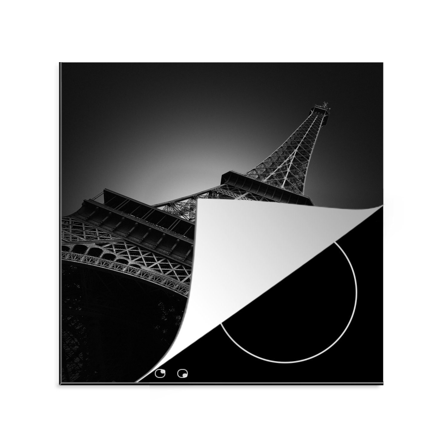 MuchoWow Herdblende-/Abdeckplatte Der Eiffelturm in Schwarz und Weiß, Vinyl, (1 tlg), 78x78 cm, Ceranfeldabdeckung, Arbeitsplatte für küche
