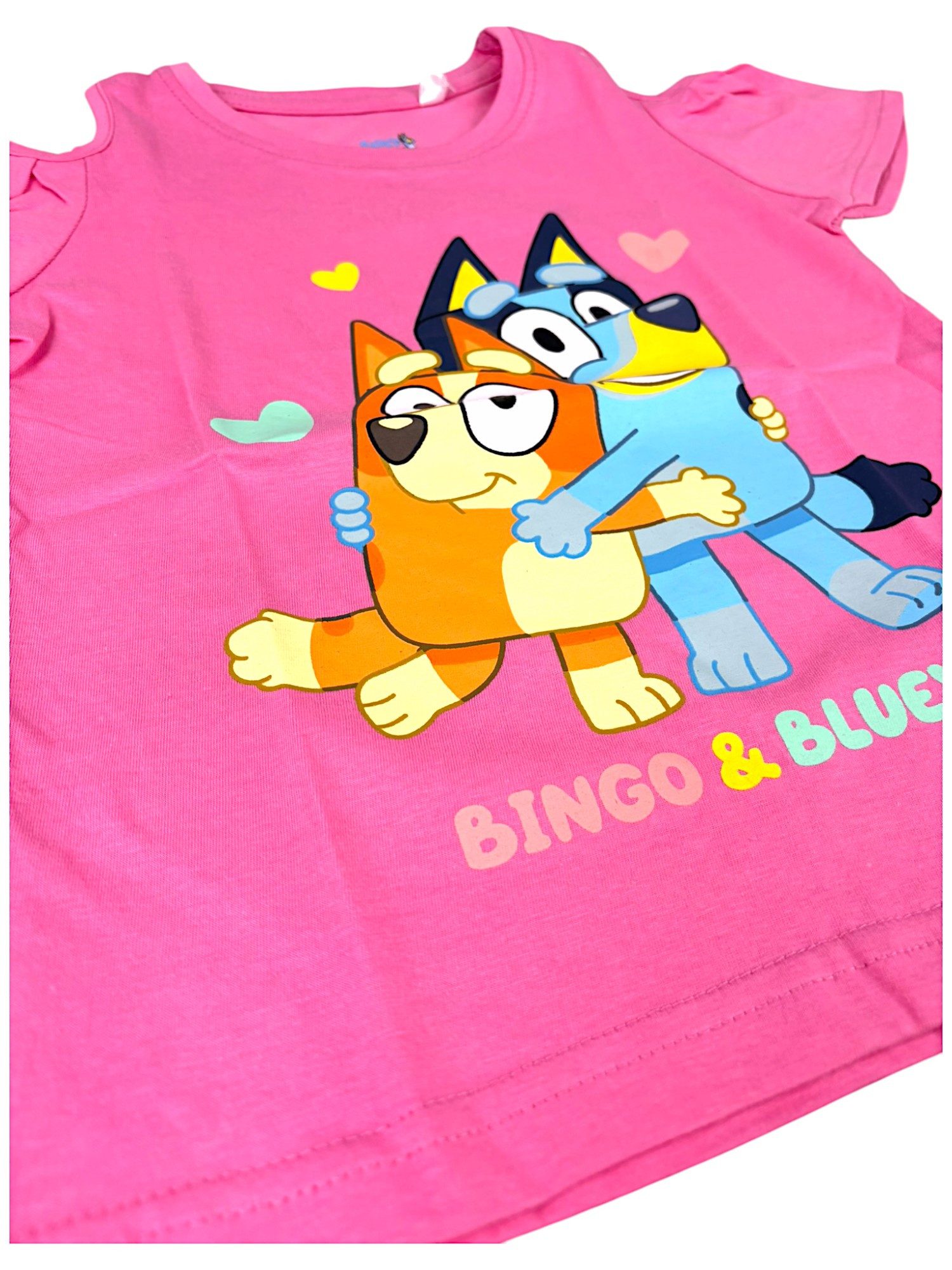 Bluey T-Shirt Bingo & Bluey Mädchen Jersey Off-Shoulder Kurzarmshirt aus Baumwolle Gr.92- 116 cm