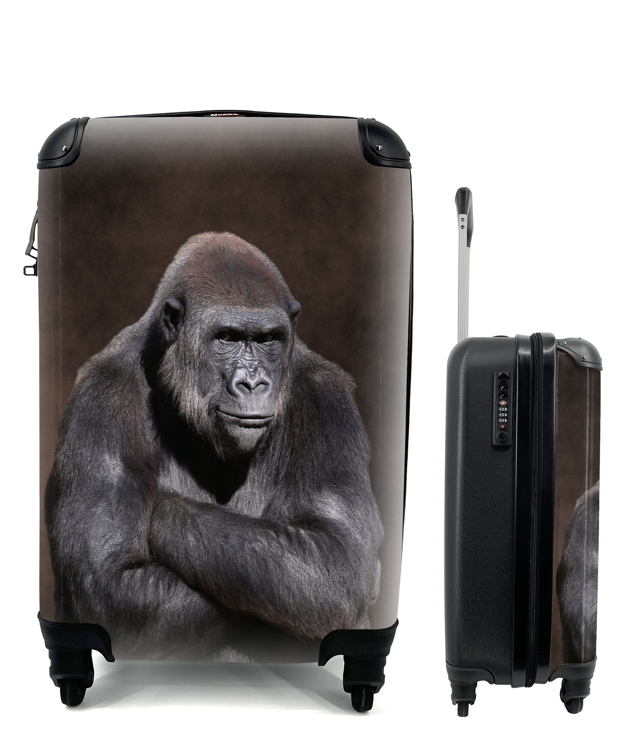 MuchoWow Handgepäckkoffer Ein Porträt eines Gorillas mit gekreuzten Händen, 4 Rollen, Reisetasche mit rollen, Handgepäck für Ferien, Trolley, Reisekoffer