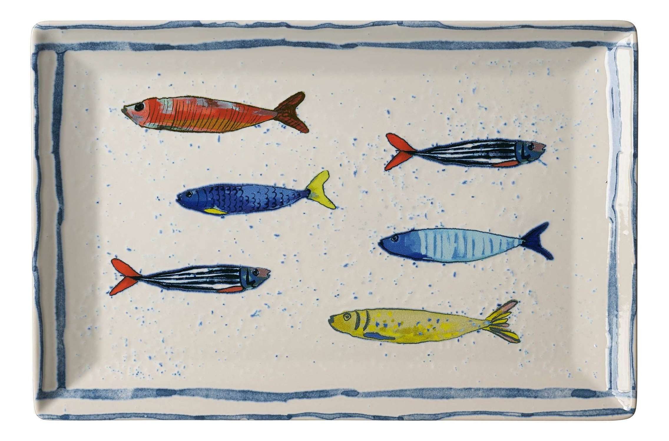 Ritzenhoff & Breker Servierplatte Maro Platte eckig 30x20 cm Servierteller Steinzeug maritim, Steinzeug, (1-tlg), Detailreich gestaltete Fische und blaue Linien