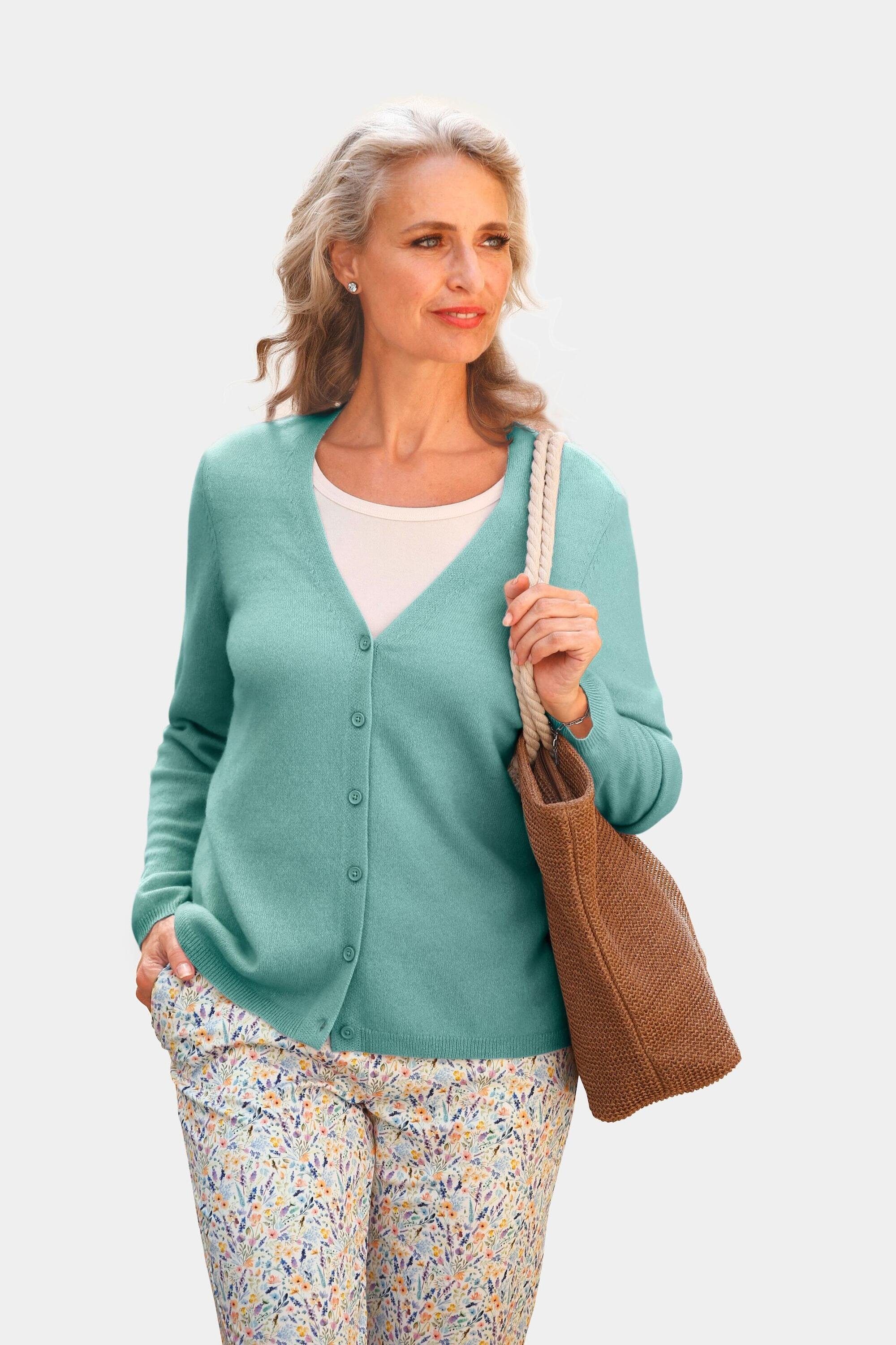 GOLDNER Strickjacke Weiche Kaschmirstrickjacke mit V-Ausschnitt aqua