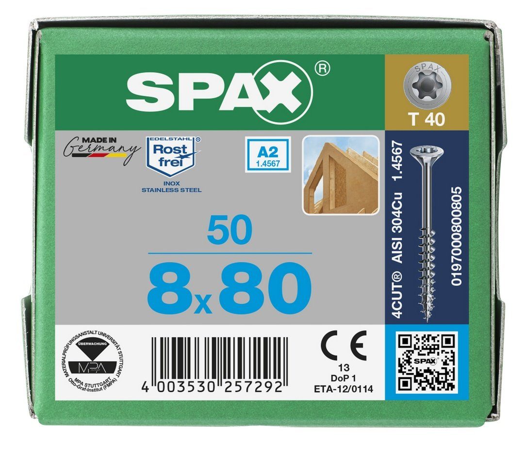 St), mm 50 SPAX (Edelstahl 8x80 A2, Spanplattenschraube Edelstahlschraube,