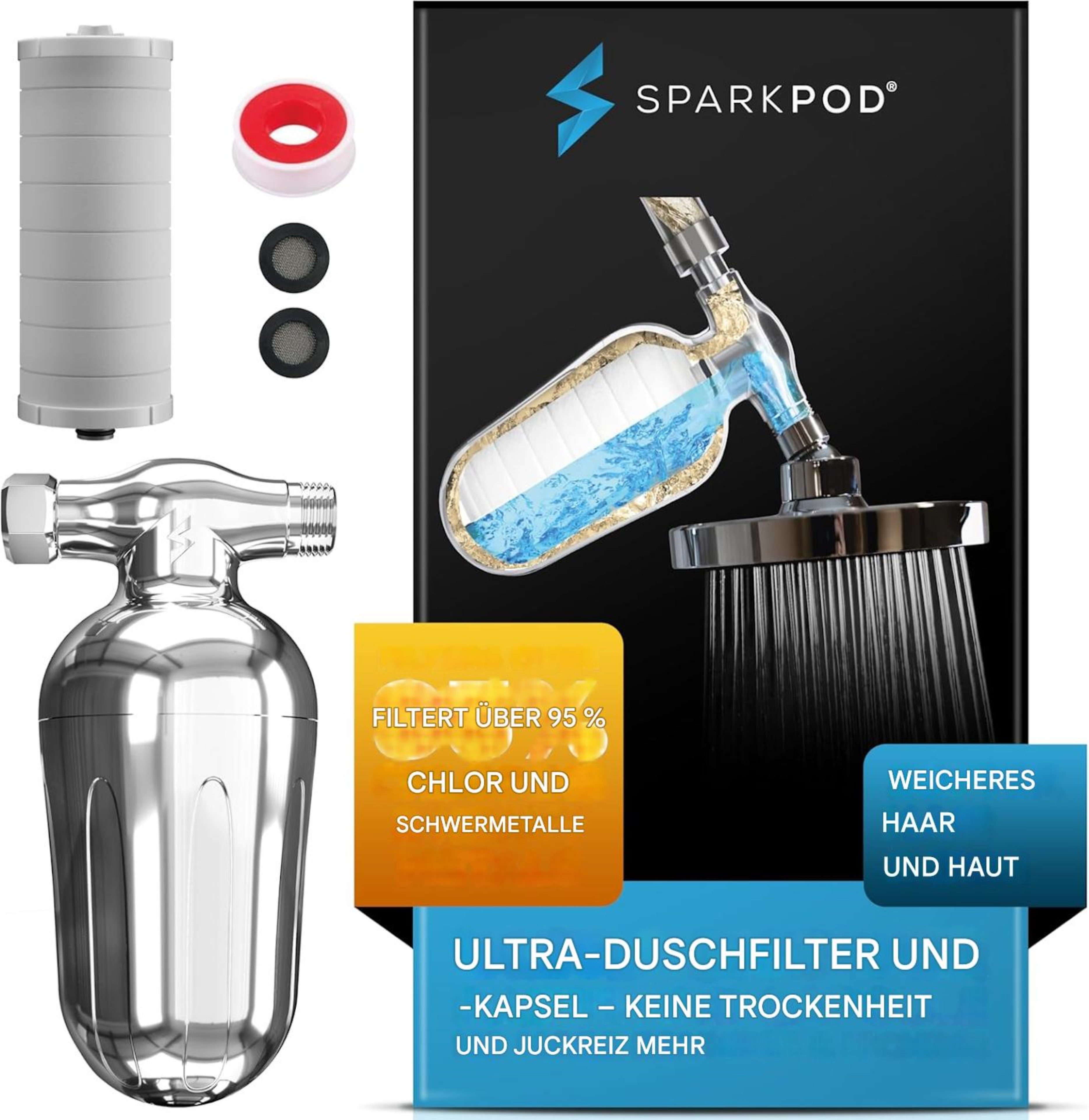 sparkpod Filter-Set Dusche Badewanne Hochleistungs-Duschfilter für Hautpflege, Zubehör für Alle handelsüblichen Duschköpfe mit ½-Zoll-Standardanschluss, Effektives Filtersystem gegen Chlor, Kalk & Schadstoffe