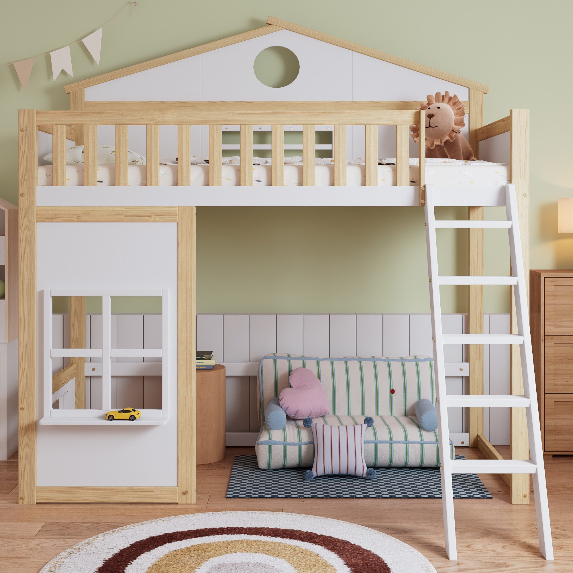 Flieks Etagenbett, Kinderbett Hausbett 90x200cm mit Dach, Fenster und oberem Lattenrost