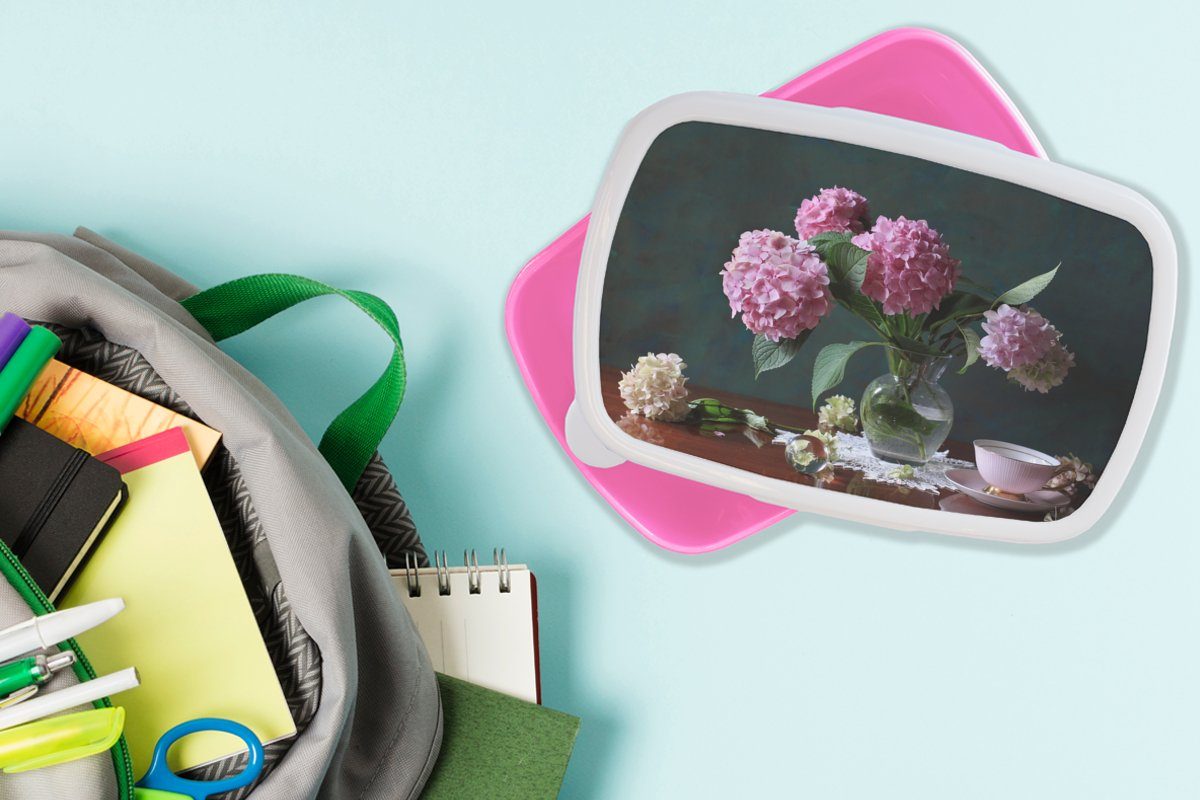mit Vase Kinder, Hortensien, für rosa Kunststoff Lunchbox Mädchen, Snackbox, (2-tlg), Kunststoff, MuchoWow Erwachsene, Brotdose Brotbox
