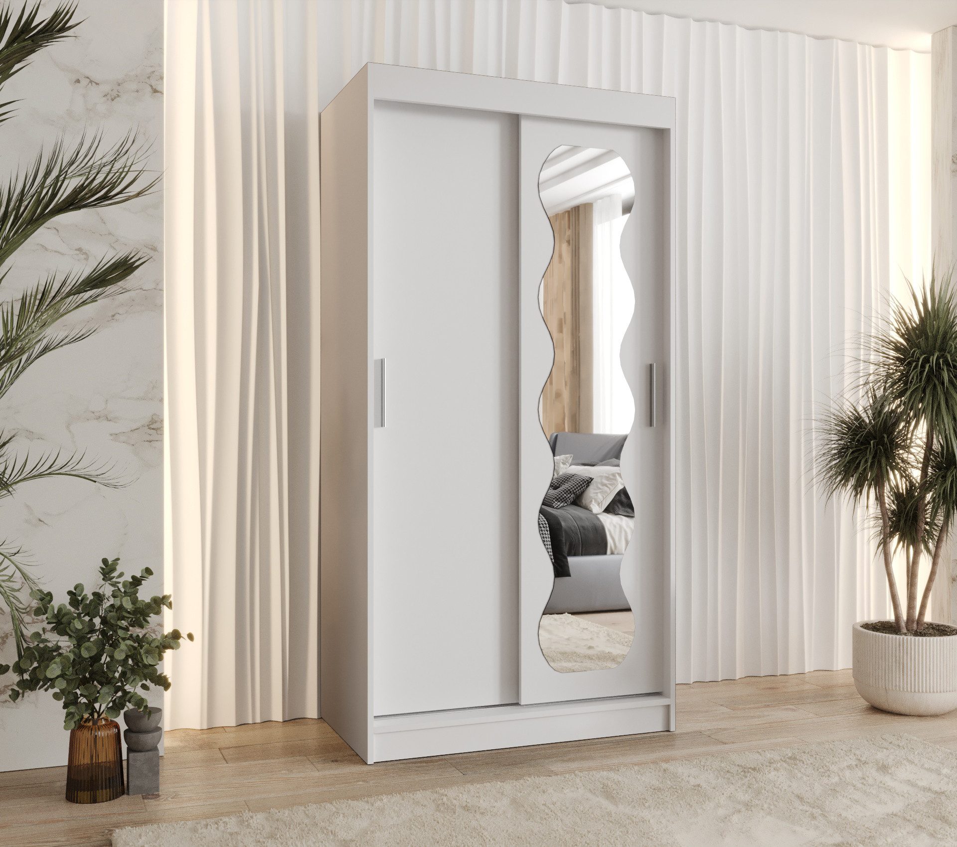 MOEBLO Schiebetürenschrank VIVARA (mit wellenförmigem Spiegel, moderner Kleiderschrank mit Schiebetüren, viel Stauraum, 4 Farben & 6 Breiten, Schlafzimmer Garderobenschrank Schwebetürenschrank Schrank Schiebtüren) (BxHxT): : 100 / 120 / 150 / 180 / 200 / 250 x 200 x 62 cm