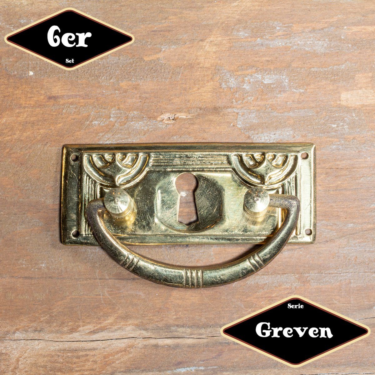 Antikas Möbelbeschlag Schubladengriff,Serie"Greven",6er Pack, Eisen in Messing gl., H4,5x8,5cm