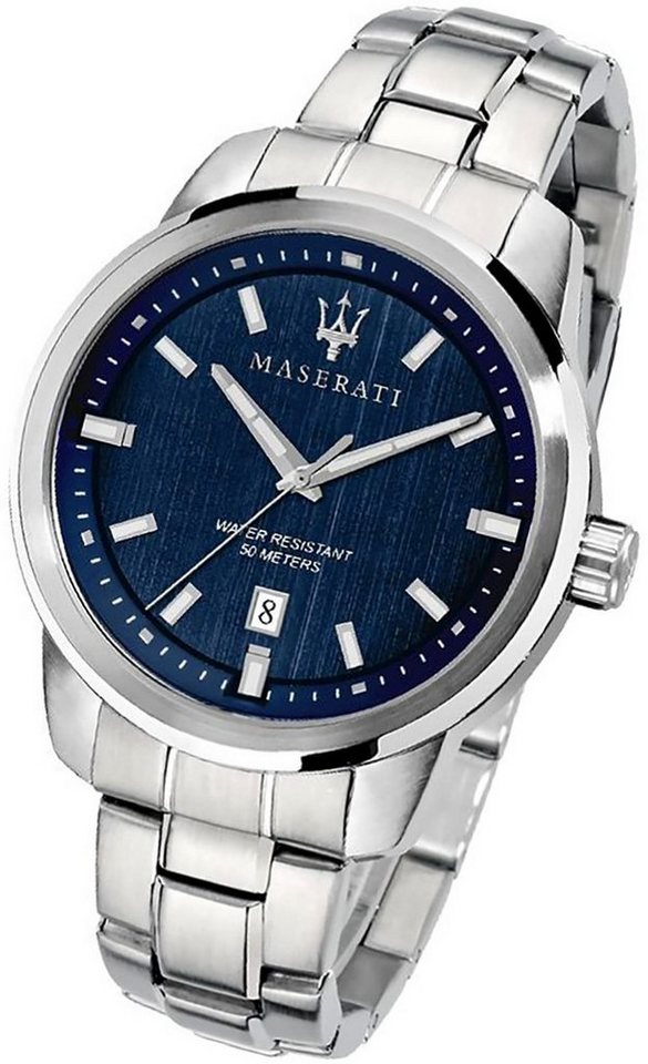MASERATI Quarzuhr Maserati Edelstahl Armband-Uhr, Edelstahlarmband, groß 52x44mm) Herrenuhr blau rundes Gehäuse, (ca.