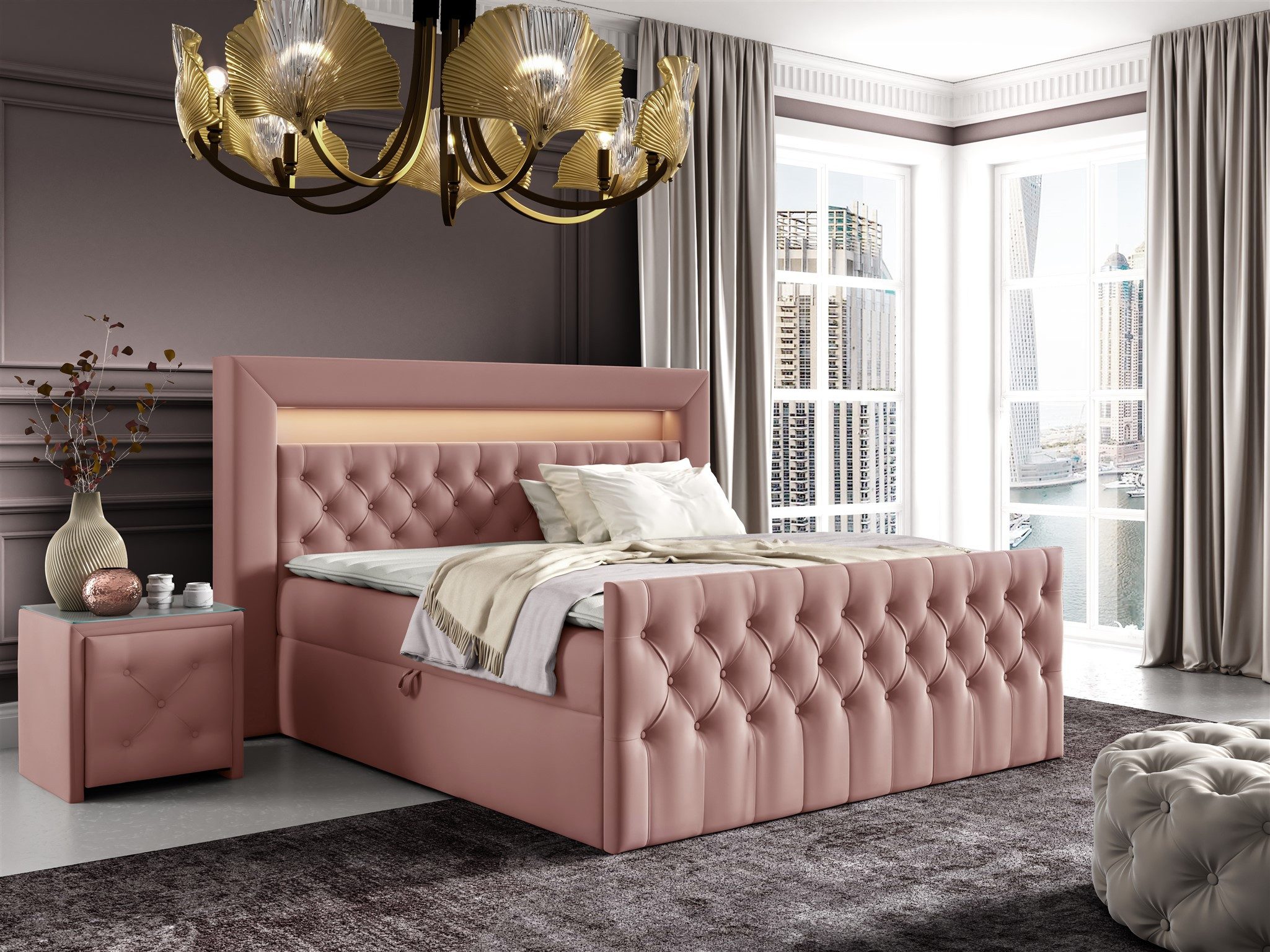Fun Möbel Boxbett Schlafzimmerbett ERNESTO Nr.2 in Stoff Elisa Velvet (inkl. Topper, Auch mit Polsterhocker erhältlich), 2 x Nachttisch mit Glasplatte, LED-Beleuchtung mit Fernbedienung