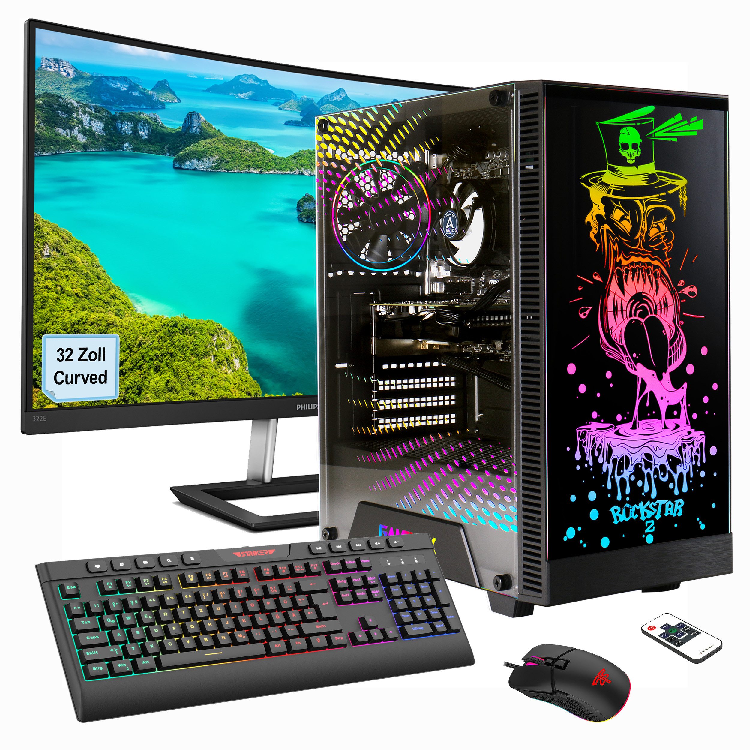 GAMEMAX Multimedia-PC Rockstar PC-Komplettsystem (32", AMD Ryzen 5 5600GT, Radeon Graphics, 16 GB RAM, 1000 GB SSD, Windows 11,inklusive 32" Curved Monitor Philips E-line 322E1C)
