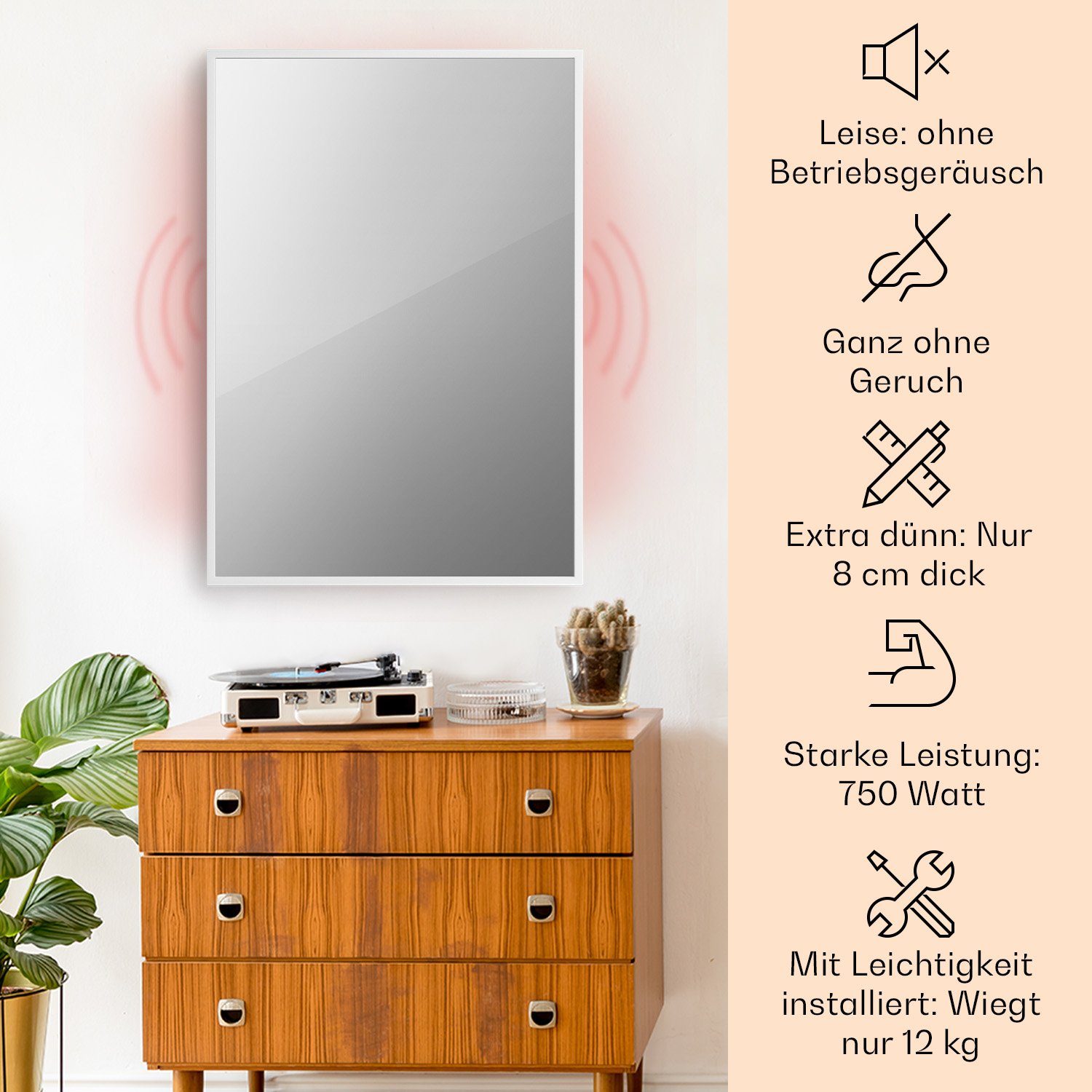 Thermostat Smart elektrische Palma Wandheizung Spiegel Infrarot La elektrisch Heizkörper W white, 750 Klarstein Heizung