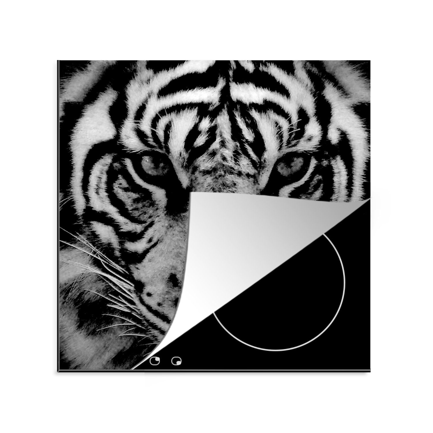 schwarz Ceranfeldabdeckung, Hintergrund Arbeitsplatte (1 Sumatra-Tiger vor Vinyl, cm, in 78x78 Herdblende-/Abdeckplatte schwarzem tlg), MuchoWow und weiß, für küche