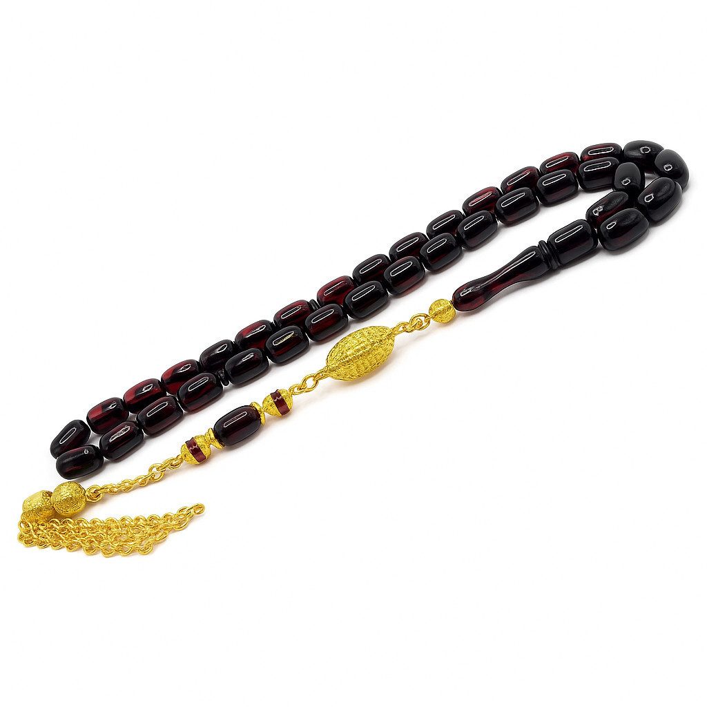 M-Punkt24 Kettenanhänger Tesbih Tespih (Rot - Schwarz, Kirmizi - Siyah, 7x11mm, Kapsül, Gebetskette, Subha, Misbah, inkl. Etui), Vizyon Püskül Gold-Farbig