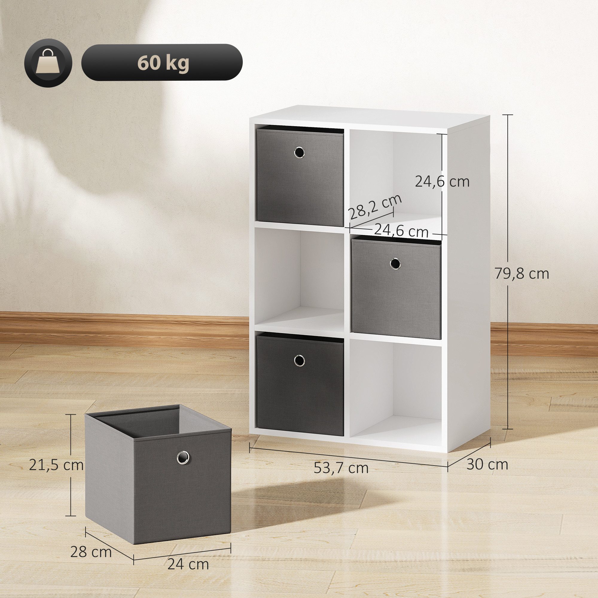 HOMCOM Sideboard Bücherregal Bücherschrank mit 3 Stoff-Schubladen, 3 offenen Regalen (Büroregal, 1 St., Modern Aufbewahrungsregal), 53,7 x 30 x 79,8 cm, Grau+Weiß