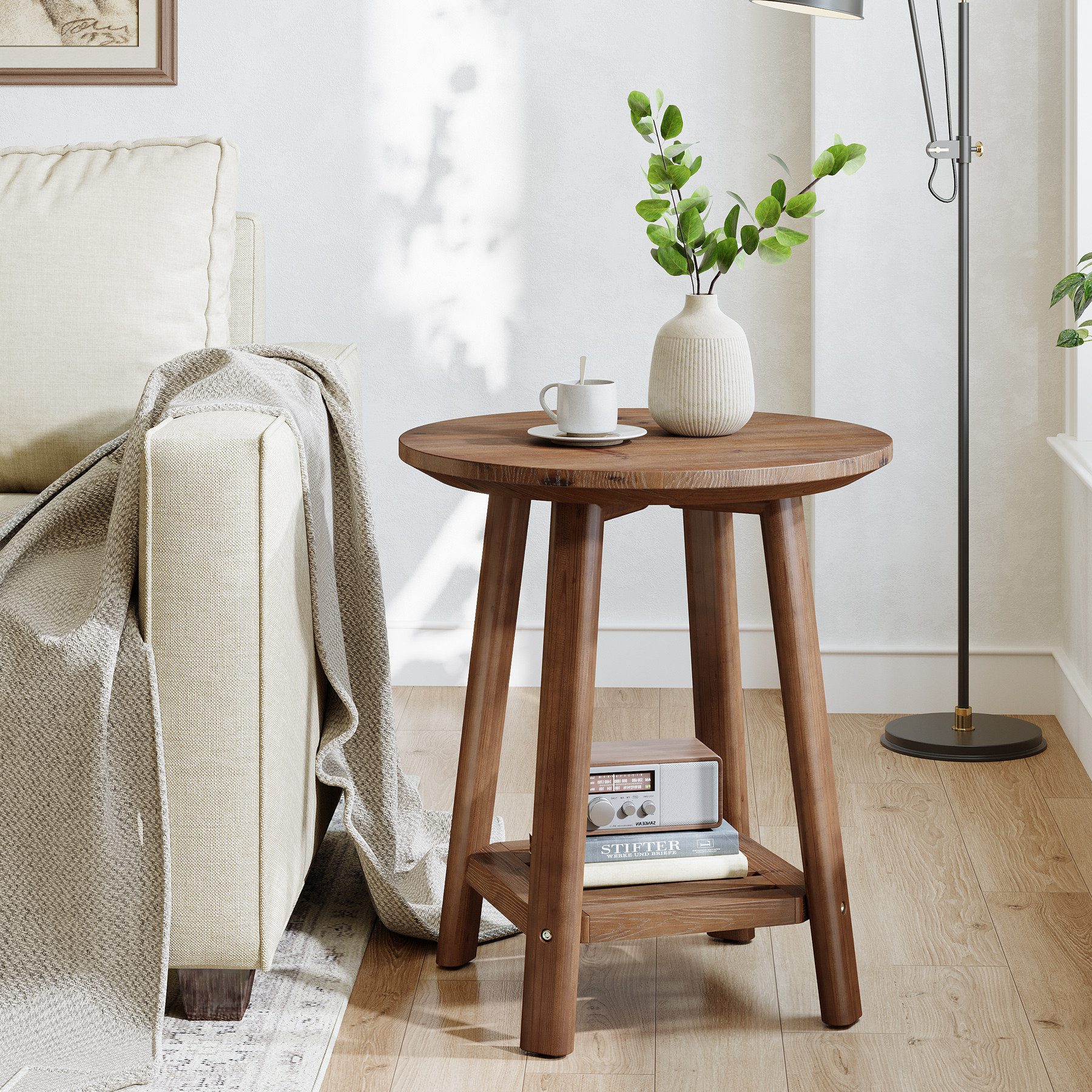 Tribesigns Beistelltisch 2-stöckiger Sofatisch, Beistelltisch im Landhausstil, aus Massivholz