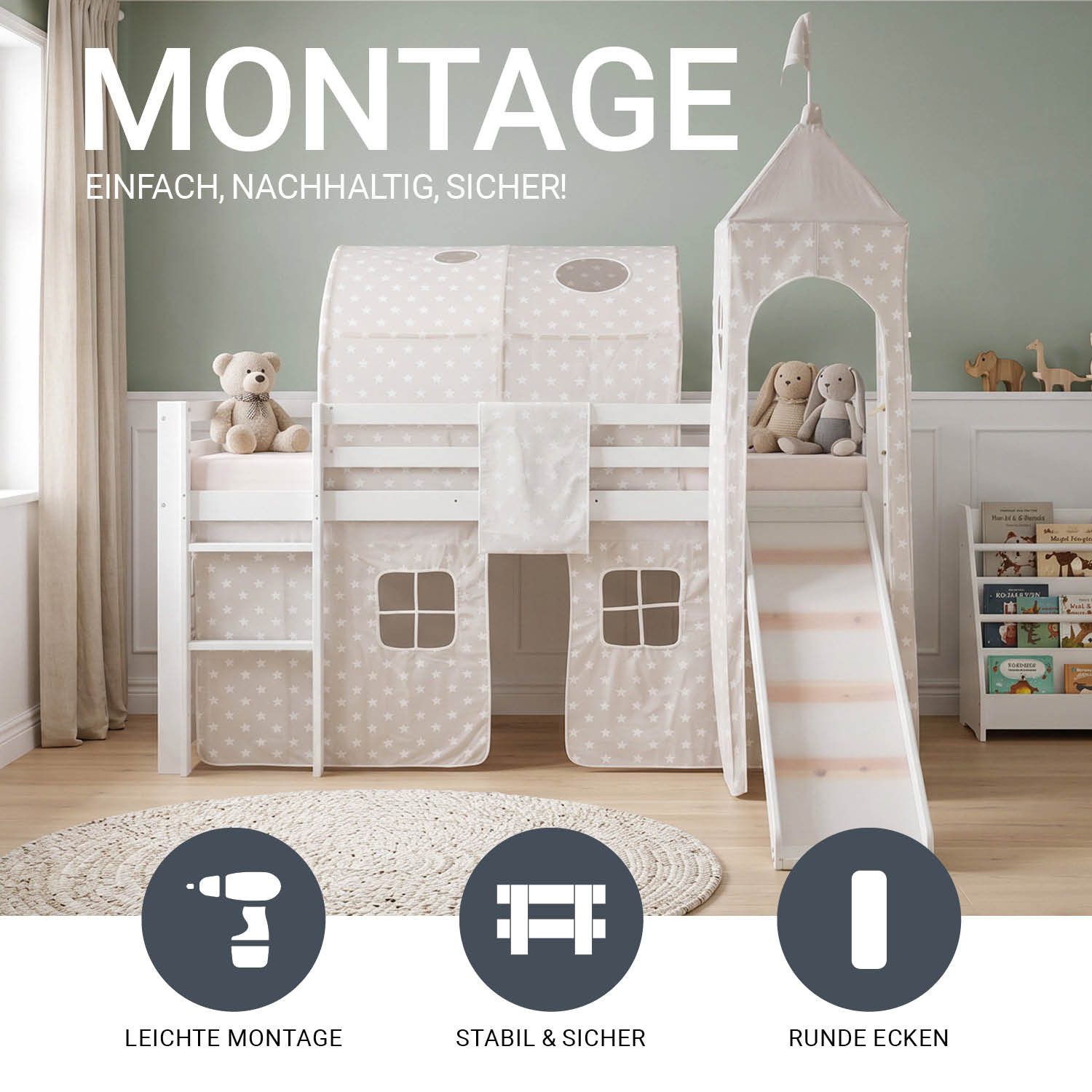 Homestyle4u Hochbett 90x200 cm Weiß mit Vorhang Sterne Grau für 1 Kind Holz Massiv Kiefer (Set, mit Rutsche Turm Tunnel, Spielbett) mit Rausfallschutz, ohne Lattenrost, Jungen Mädchen
